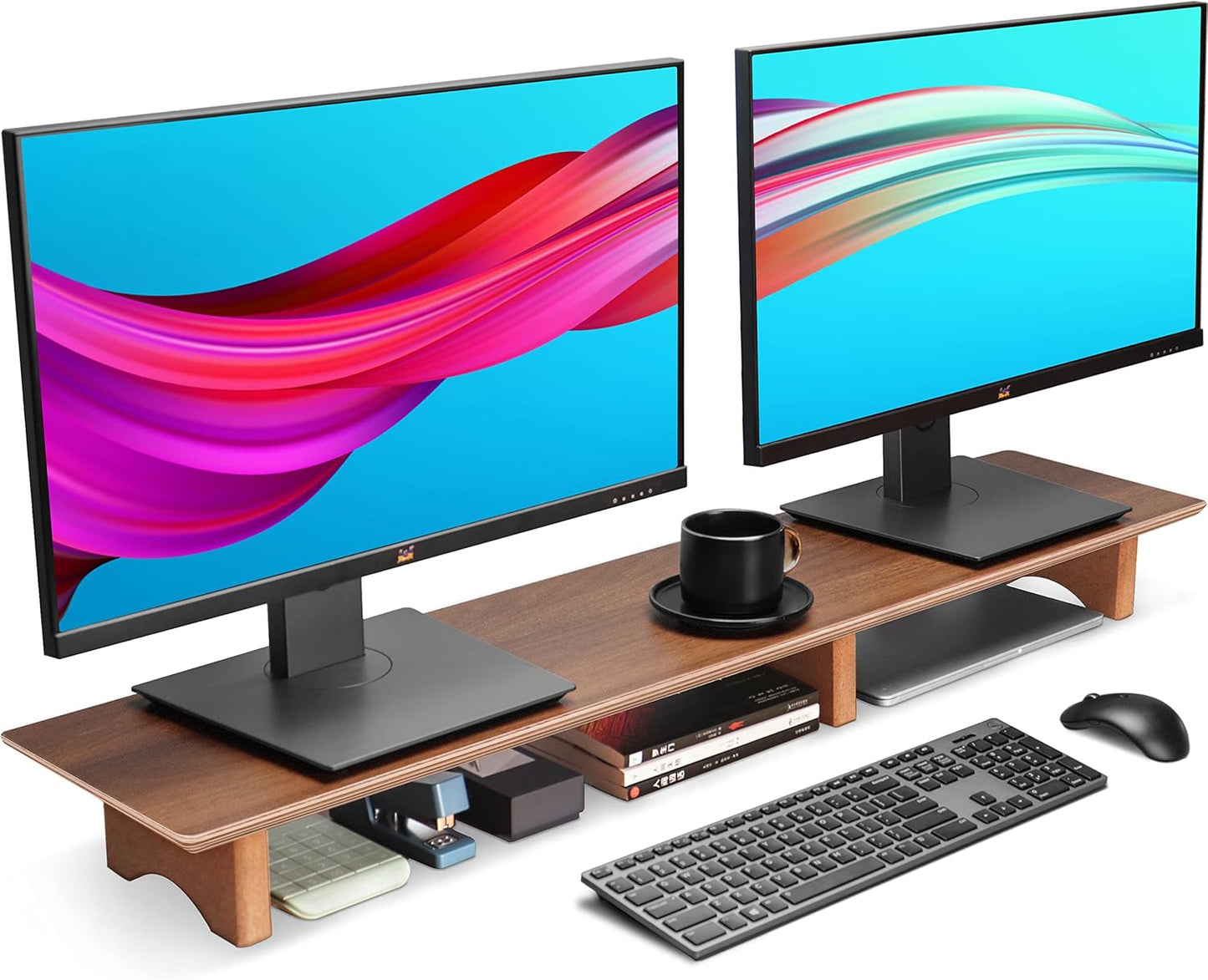 Aothia Large Dual Monitor Stand Riser, Solid Wood Desk Shelf with Eco Cork Legs for Laptop Computer/TV/PC/Printers, Perfect Desktop Stands Organizer with Underneath Storage for Office Accessories