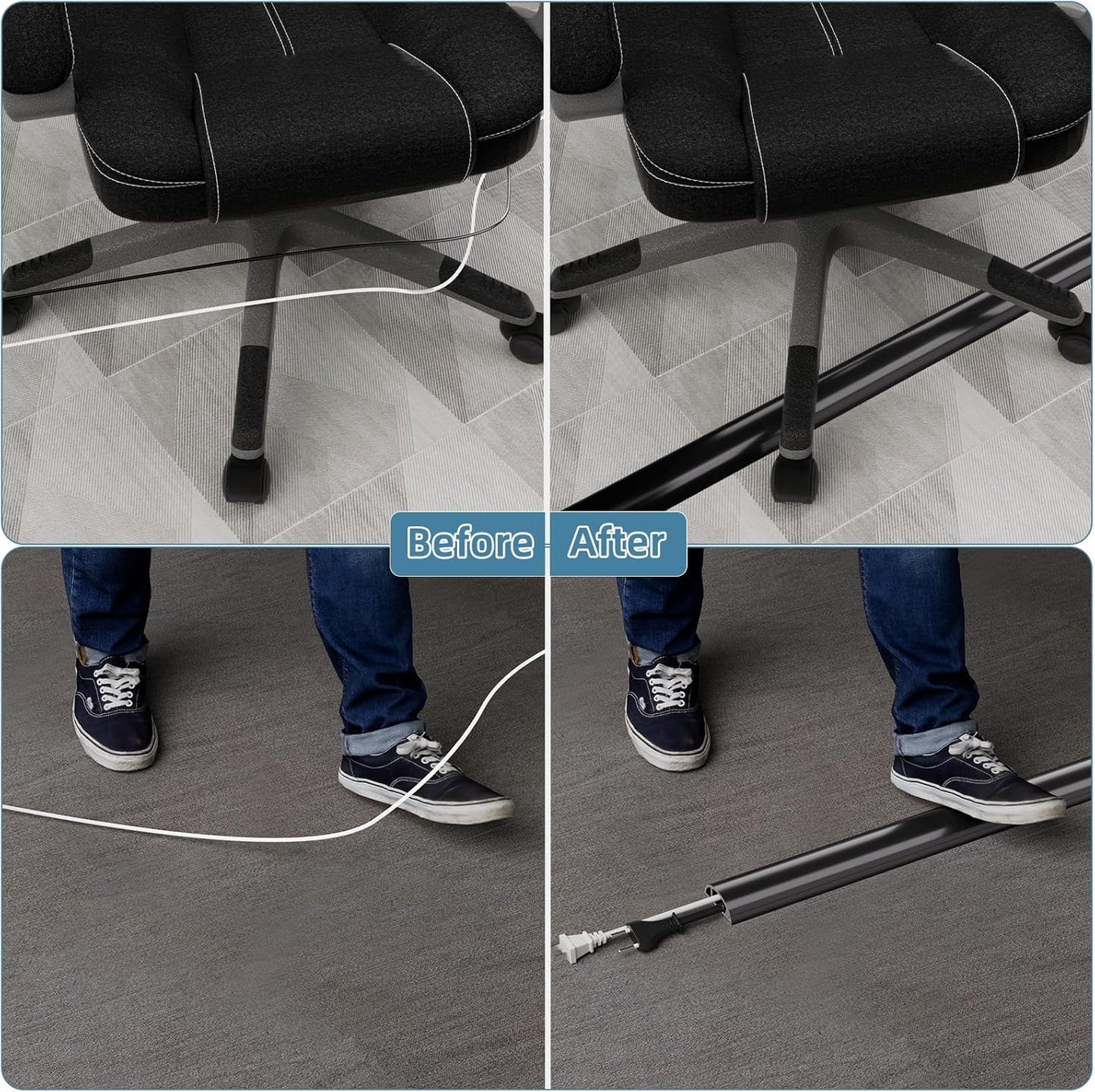 6ft Side Buckle Floor Cord Cover for Wires, Selfadhesive Extension Cord Hider Easy Floor Cable Management Prevent Cable Trips,Silicone Floor Wire Covers for Cords, Cable Protector Cord Cavity（Black）