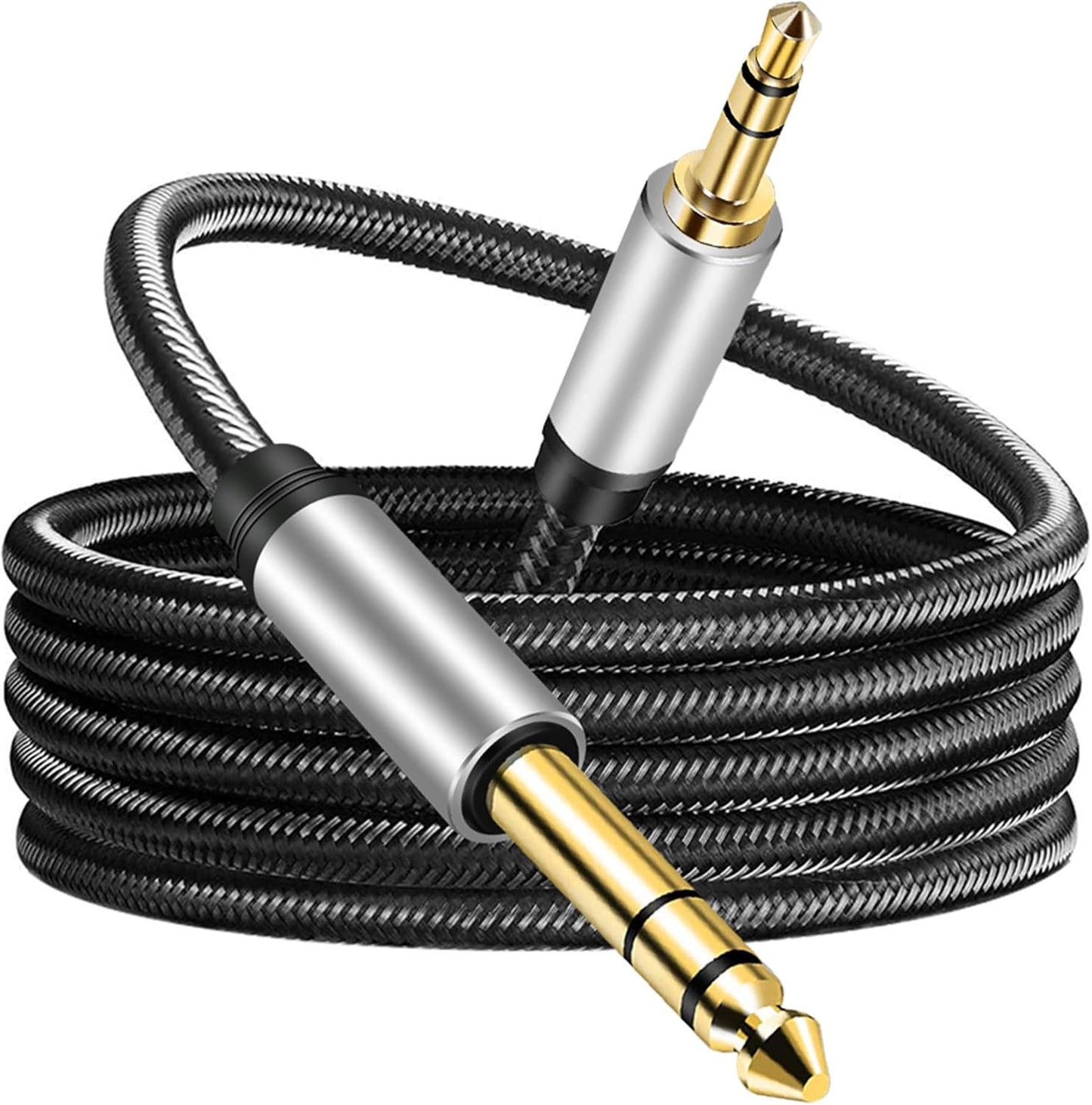 3.5 mm to 6.35 mm Audio Cable 10Ft, Gold-Plated Terminal Silver Color Zinc Alloy Housing 3.5mm 1/8" Male TRS to 6.35mm 1/4" Male TRS Nylon Braided Stereo Audio Cable for CellPhone, Amplifiers(10Ft/3M)