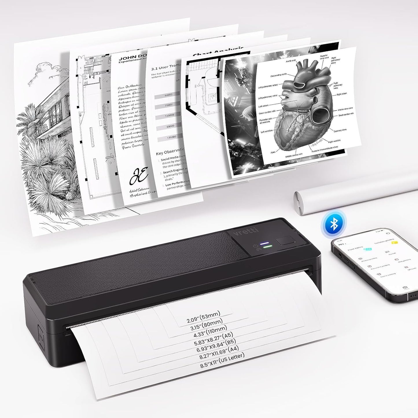 vretti P83 Portable Printers Wireless for Travel, A4 Portable Thermal Printer, Mobile Inkless Printer Compatible with Phone & Laptop, Supports 8.5 x 11 US Letter for Car School Office Home Use, Black
