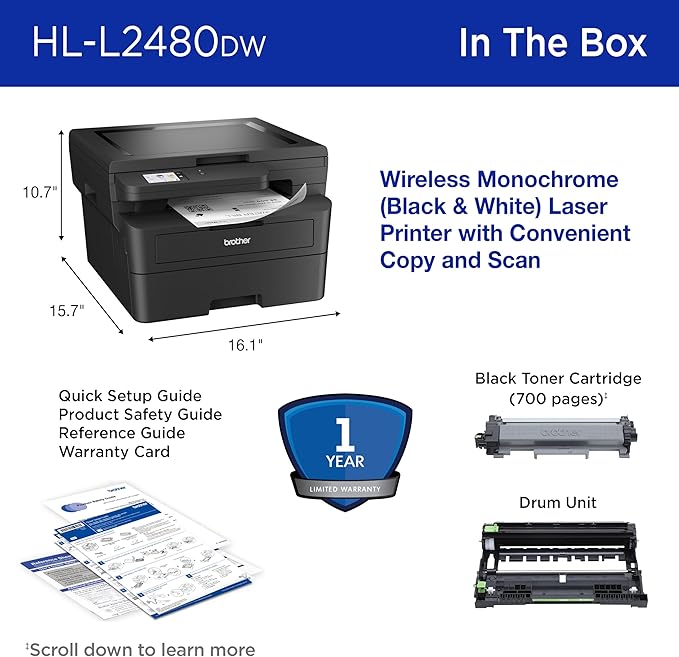 Brother HL-L2480DW Wireless Compact Monochrome Multi-Function Laser Printer with Copy and Scan, Duplex, Mobile, Black & White | Includes Refresh Subscription Trial(1), Works with Alexa