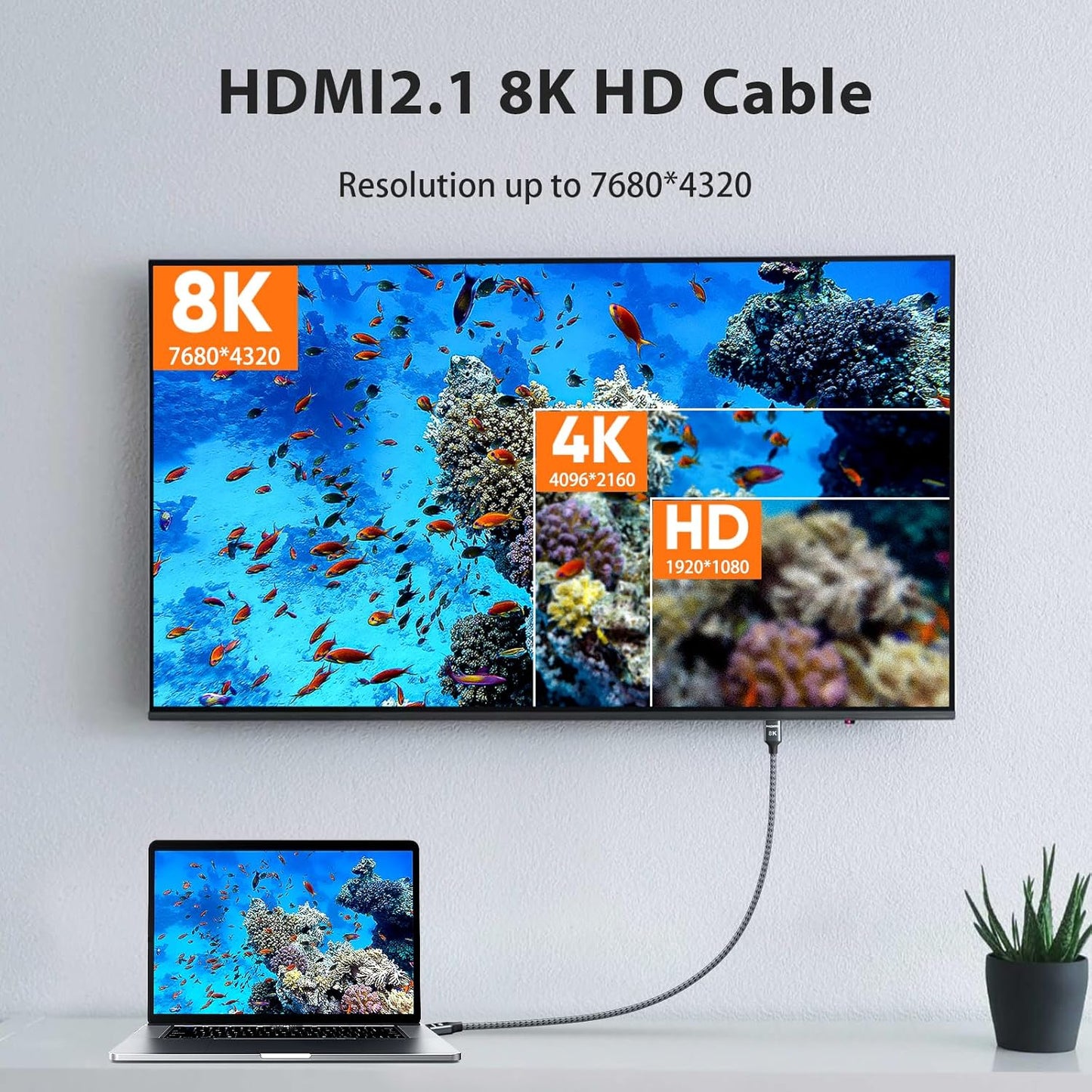 ARISKEEN 8K HDMI Cable 15 FT, 48Gbps High Speed HDMI 2.1 Cable, 8K 60Hz, 4K 120Hz 144Hz Braided HDMI Cord - 15 Feet