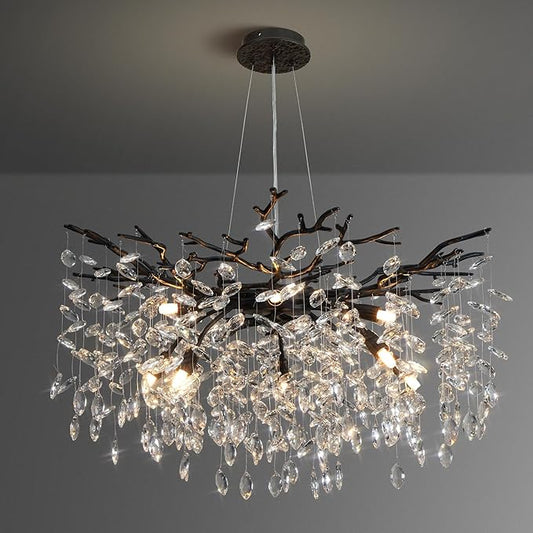 YUYI 30" Black Crystal Chandelier, 10-Light Tree Branch Chandelier for Dining Room, Luxury Round K9 Crystal Raindrop Chandeliers Light Fixture for Living Room Foyer Entryway Bedroom Kitchen