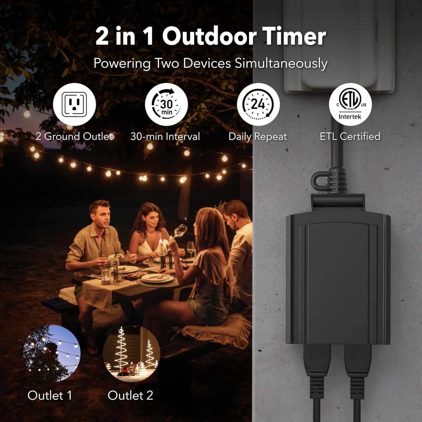 BN-LINK 24 Hour Heavy Duty Mechanical Timer, Outdoor Timer Outlet Waterproof with 30 Minutes Intervals, 2 Grounded Outlets for Christmas Lights Pool Pump,15A 1/2HP, ETL Listed(2 Pack)