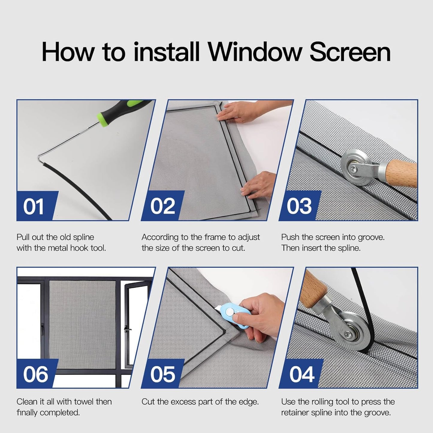 Window Screen Door Repair Kit Include Window Screens Mesh 48"x117" with All Tools in Window Screen Replacement(Screen Rollers, Splines, Hook), Yolovit