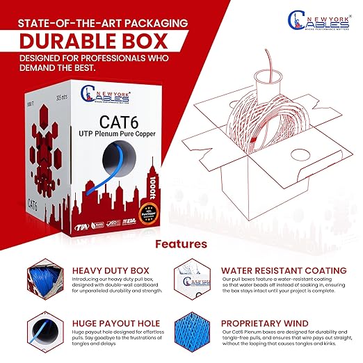 NewYork Cables CAT6 Plenum Cable 1000ft | 100% Solid Bare Copper, UTP, 550MHz, 23AWG, 4Pair 10GB Ethernet Cable, Certified CMP-Rated Bulk Cat 6 for Networking & Gaming (1000ft, Pure Copper,Purple)
