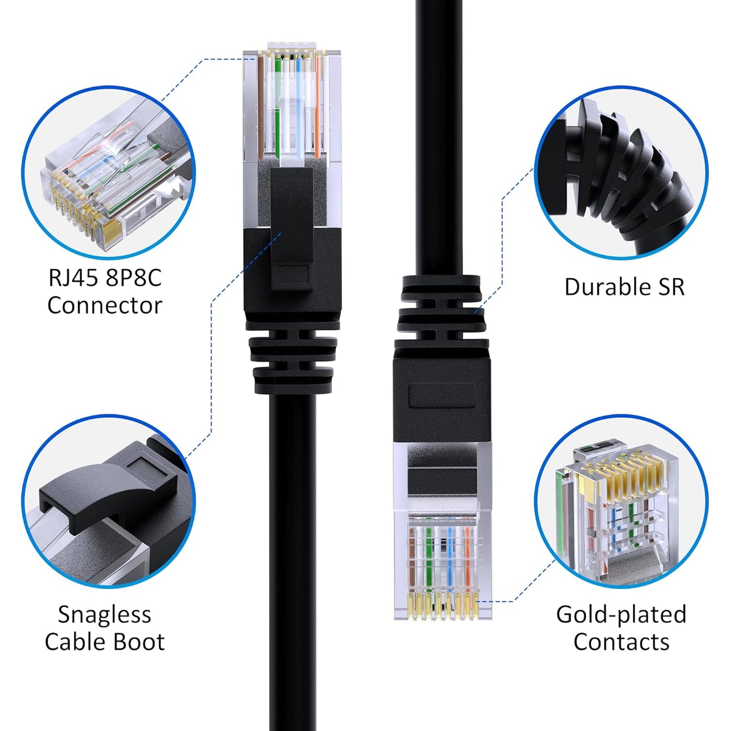 Cat5e Ethernet Cable 200 FT, Long Cat 5e Internet Cable, Black Snagless Patch Cord, Flexible, Network, LAN, PoE, Standard RJ45 Connector for PC, Server, Router, Modem, TV, PS5 - with 15 Cable Ties