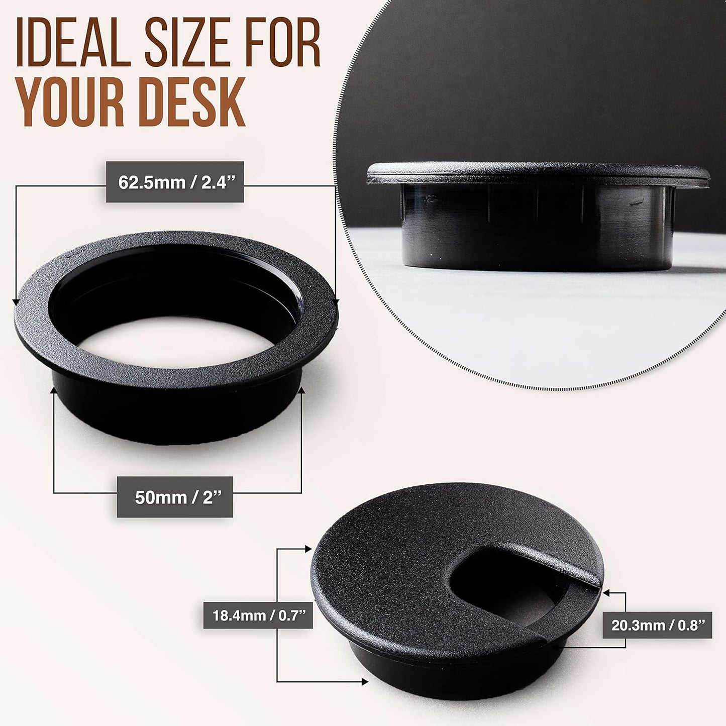 MAHDPRO Desk Grommet 2 Inch (50 mm) Pack of 5-Black ABS Plastic Cable Hole Cover to Arrange Wires & Cords Through Computer Table/Countertops