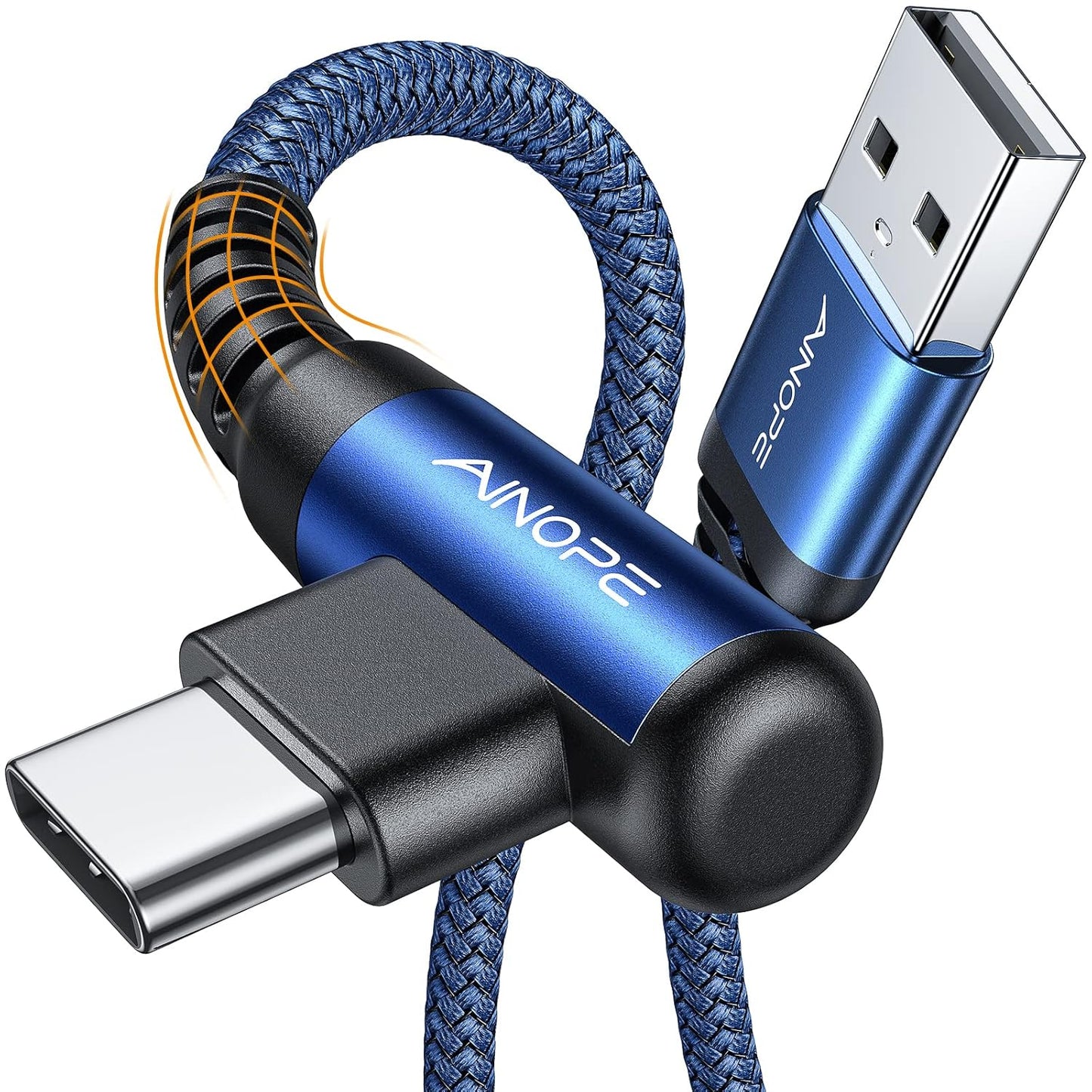 AINOPE Type C Cable [2-Pack, 6.6ft] 3.1A C Charger Cable Fast Charging Right Angle, Durable Nylon Braided USB C Cable Compatible with Galaxy S10 S9 S8 Plus S21, Note 10 9 8, LG (Blue)