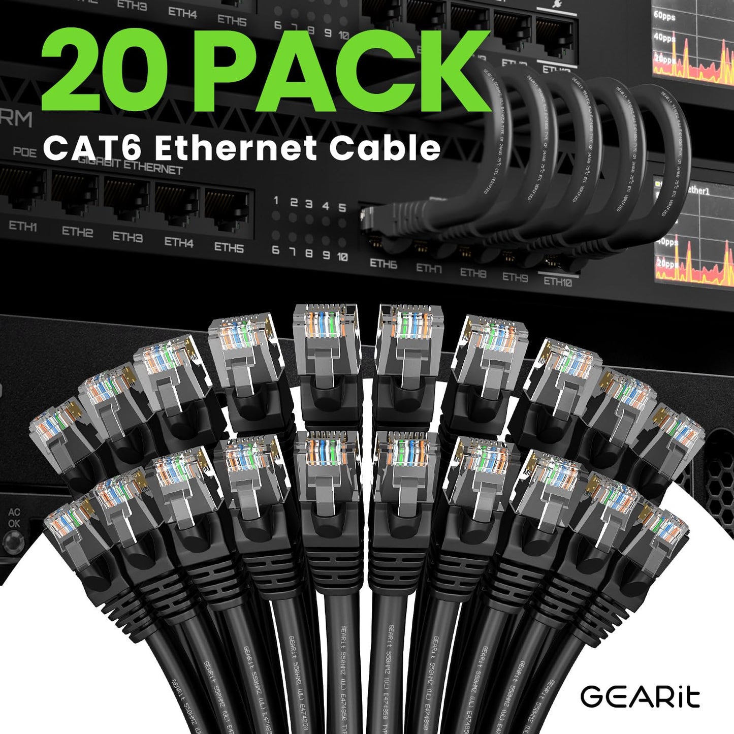 GearIT Cat 6 Ethernet Cable Pack - 20-Pack 5 ft Cat6 Ethernet Patch Cables | RJ45 Network Patch Cable, 10 Gbps Snagless Gold-Plated Connectors - Ethernet Cable Cat 6 for PC, TV, Router - Black