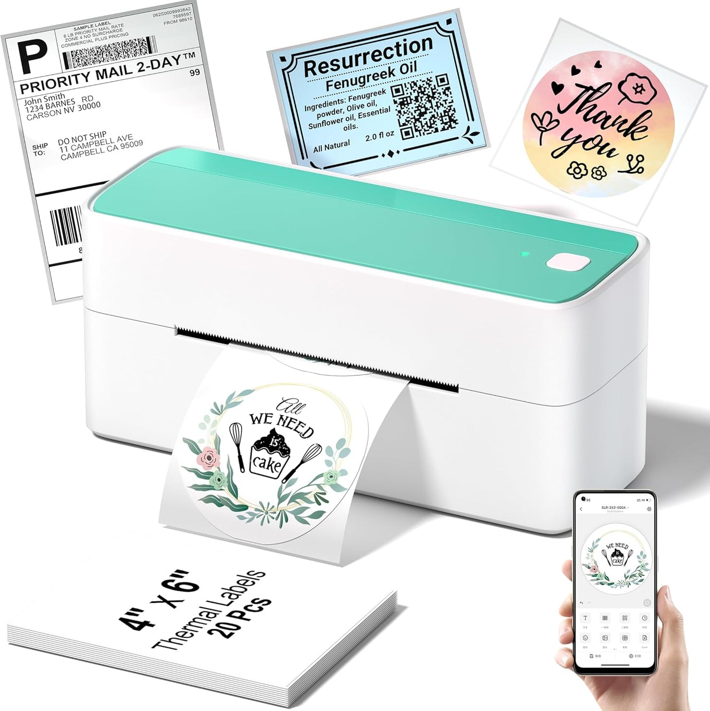 Phomemo Bluetooth Thermal Shipping Label Printer, 241BT Wireless Thermal Label Printer for Shipping Packages, Inkless Thermal Shipping Label Printer, Compatible with iPhone, Android, Green