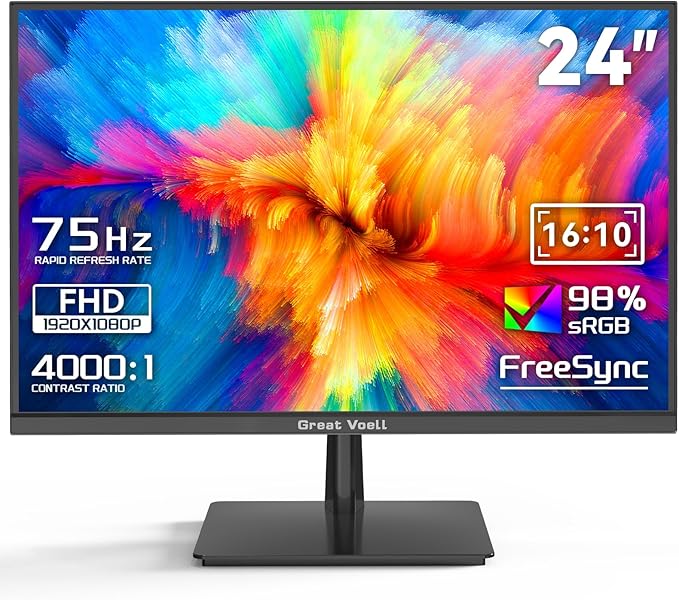 23.8 Inch Gaming Monitor, 75Hz/FHD(1920 * 1080) 1K Computer Monitor, Support HDMI/VGA Display, FreeSync, 99% sRGB, 1500:1 Contrast Ratio for Home Office & Gaming-Wall Mountable