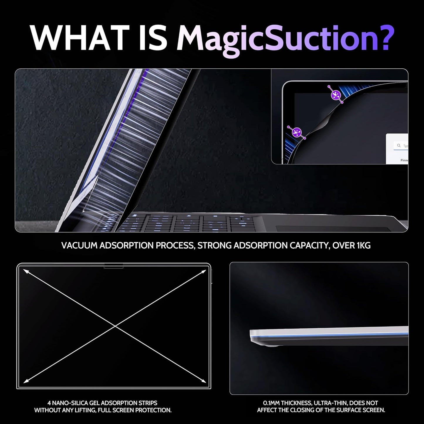 Privacy Screen for 15 Inch Surface Laptop 7, MagicSuction™ Removable Anti Spy Black Protector, Glare Blue Light Filter for Microsoft Laptop Computer Monitor