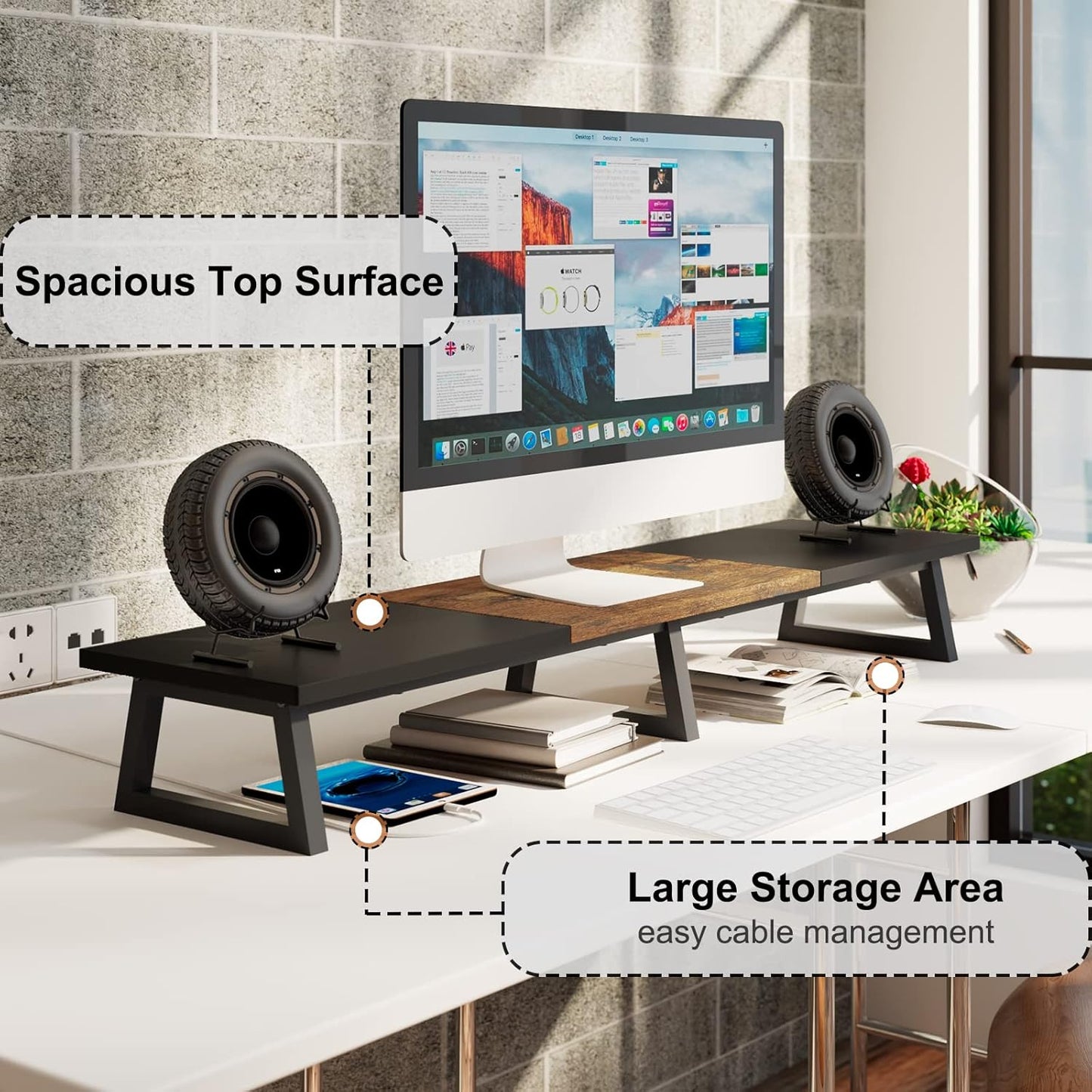 TEAMIX 42 inch Large Dual Monitor Riser, Extra Long Monitor Stand Riser for 2 Monitors, Wood & Steel Desktop Riser Desk Organization Home Office (Black+Brown, 42 inch)