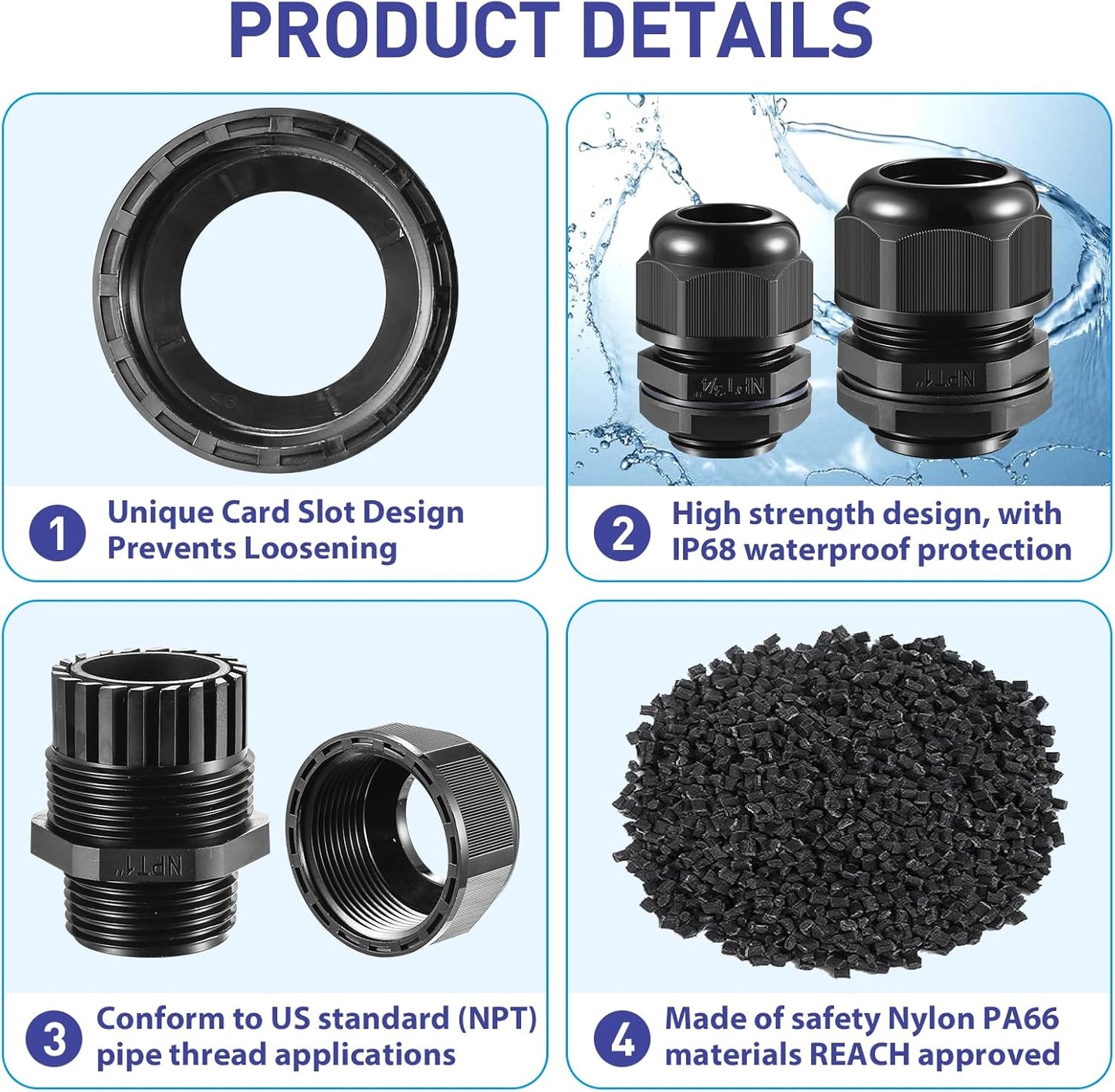 4 Pcs 1"(17-25mm) NPT Nylon Cable Gland Joints with Gaskets, IP68 Adjustable Lock Nut Strain Relief Cord Grip Waterproof Cable Glands - UL Listed and RoHS Compliant