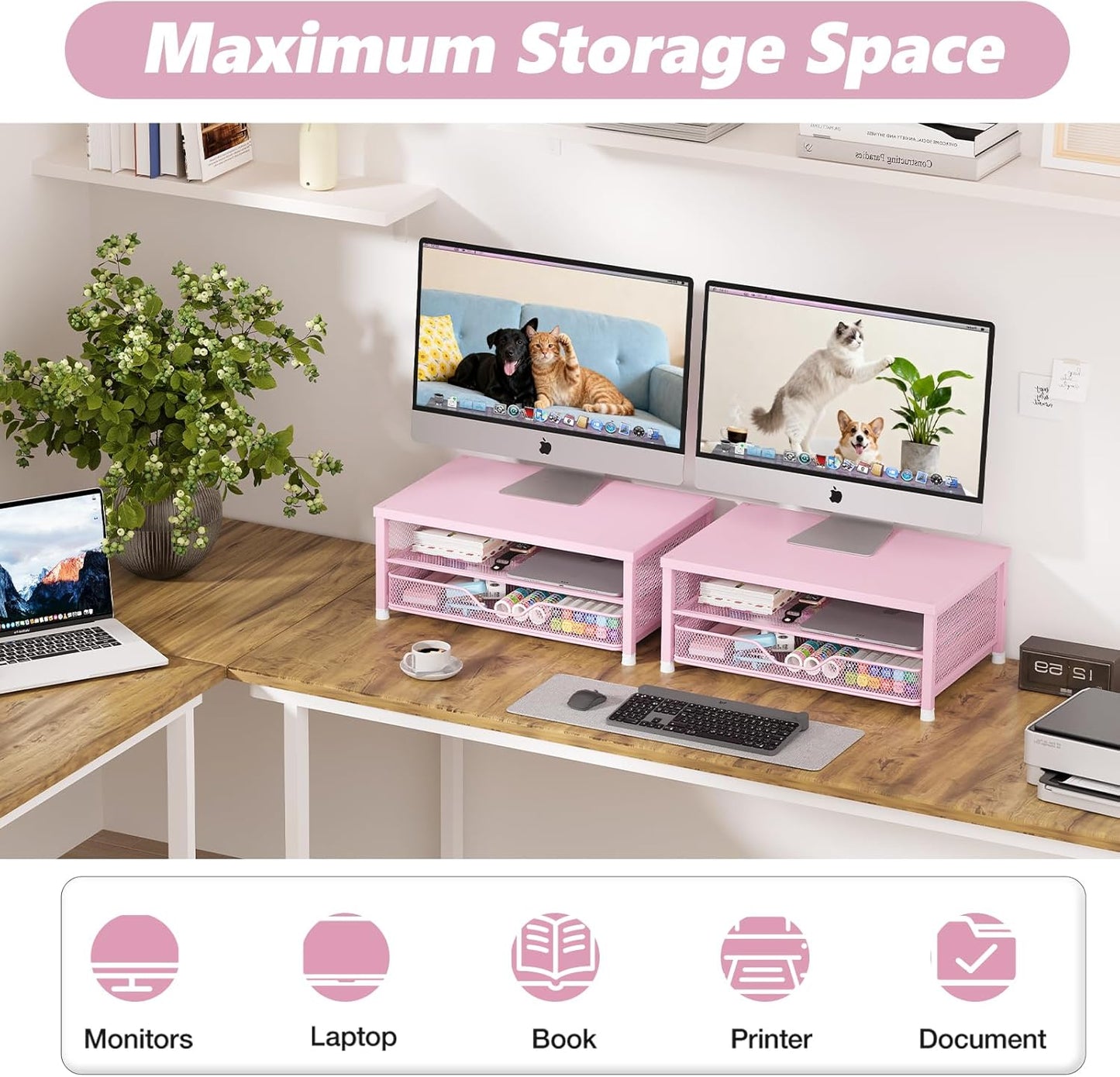 Desk Organizers and Accessories, 2-Tier Computer Monitor Stand Riser with Drawer, Laptop Stand, Office Desk Accessories, Workspace Desktop Organizer for Office Supplies, Pink