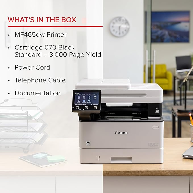 Canon imageCLASS MF465dw - Monochrome, Duplex Wireless Laser Printer, All-in-One with Scanner, Copier, Fax, Home or Office, Auto Document Feeder, Mobile Ready, 3 Year Limited Warranty, 42 PPM, White