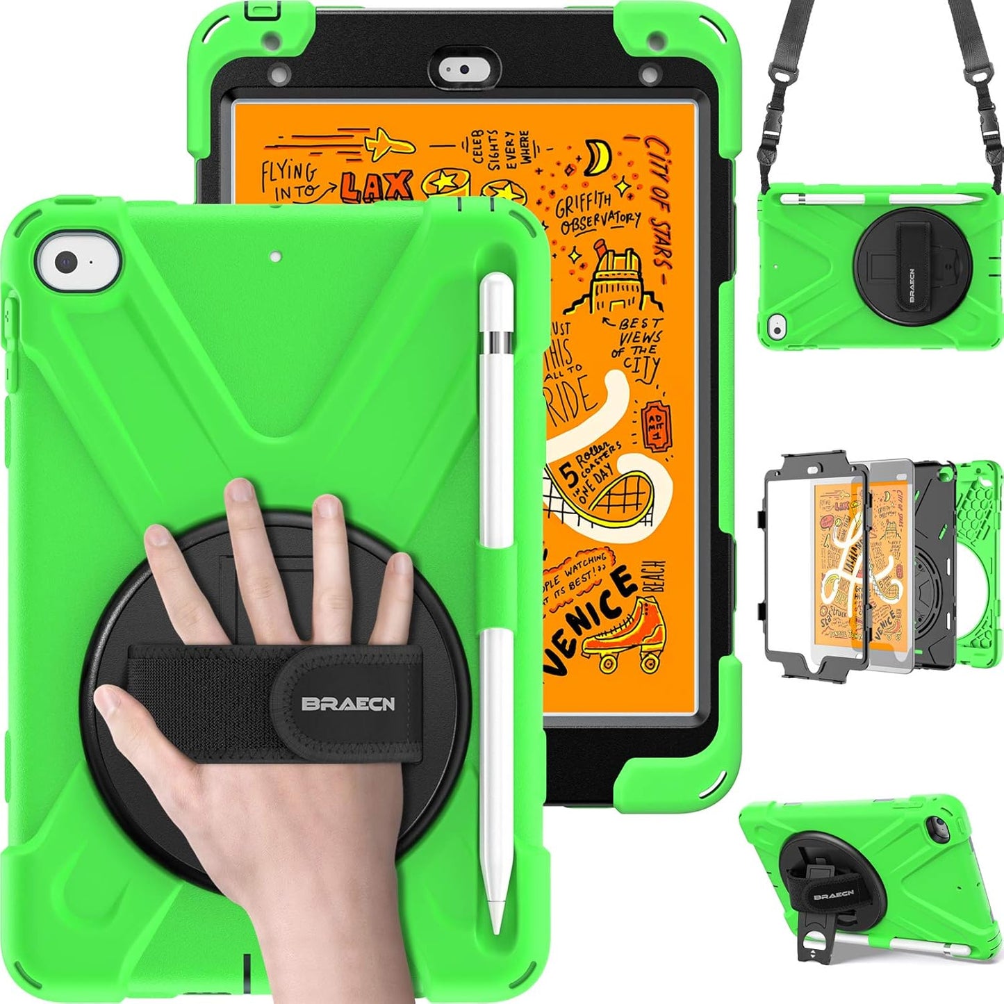 BRAECN iPad mini 5 Case,iPad mini 4 Case, Heavy Duty Shockproof Protective Rugged Case with Pencil Holder,Hand Strap,Kickstand, Shoulder Strap for iPad mini 5th/4th Generation 7.9 Inch for Kids