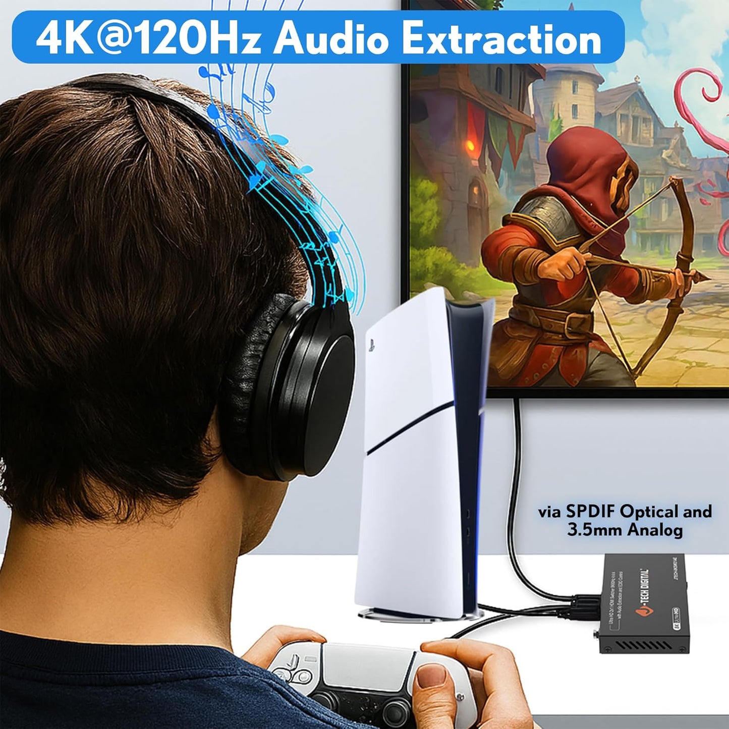 8K HDMI Switch 2 in 1 Out, 8K@60Hz 4K@120Hz 1080P@240Hz with Audio Extraction, HDMI to Optical & Analog 3.5mm, HDR HDCP2.3 EDID Control (JTECH-8KSW21AE)