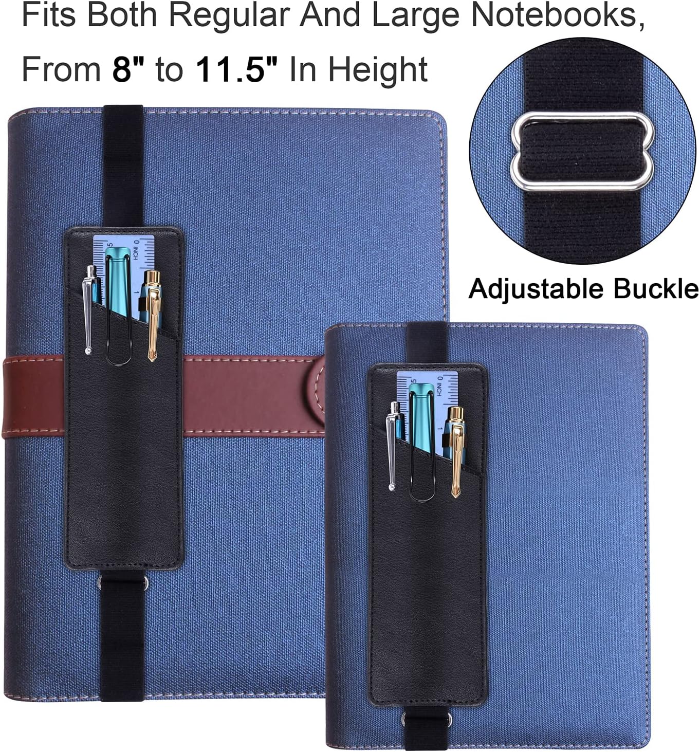 Wisdompro Adjustable Elastic Band Pen Holder, 2 Packs PU Leather Pencil Holder, Pen Sleeve Pouch, Fits for 8" to 11.5" Hardcover Journals, Notebooks, Planners, iPad