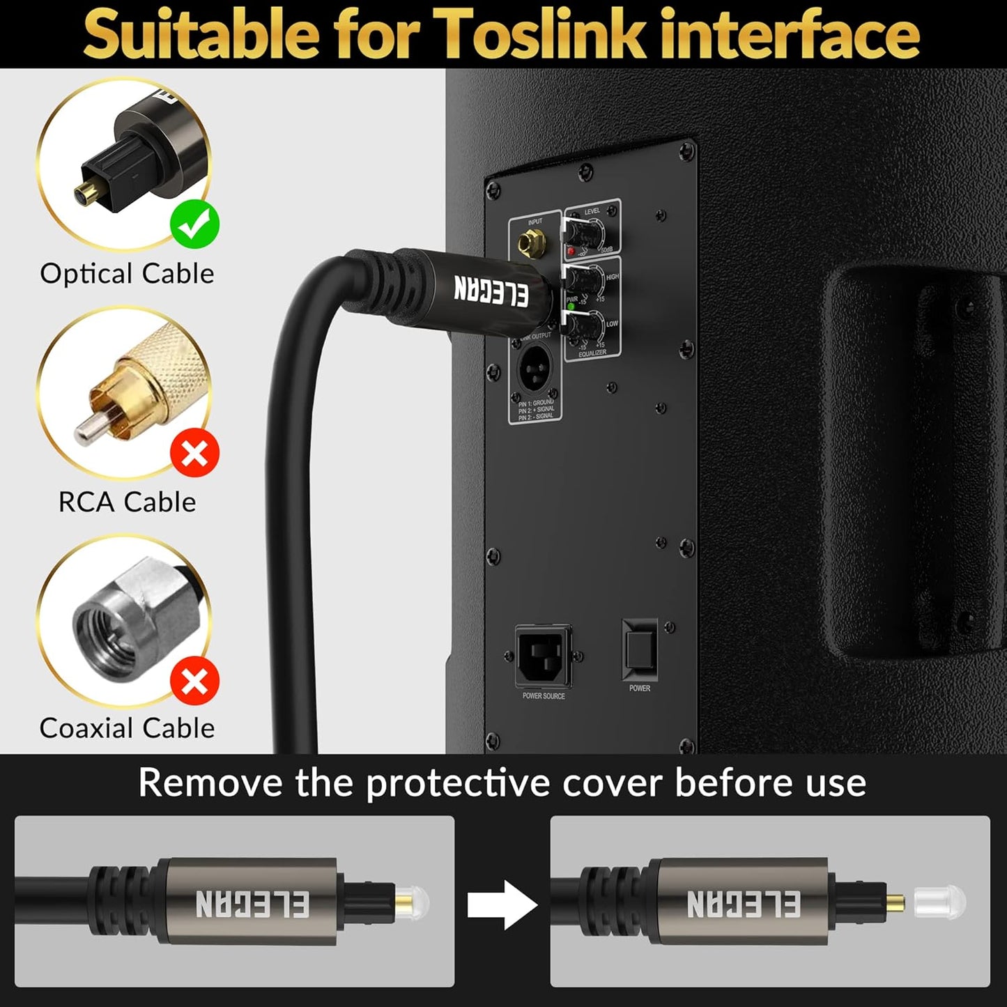 Elecan Optical Audio Cable 12 Ft/2 Pack Digital Audio Toslink Cable Cord-Fiber Optic-Gold Plated-Flexiable&Durable-for Home Theater,Sound Bar,PS4& Xbox-with Right Angled+Mini Toslink Adapters+Ties