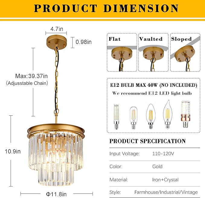 Gold Crystal Pendant Light 11.8" 3-Light Modern Round Chandelier Fixture 2-Tier Luxury Crystal Ceiling Hanging Light for Dining Room Hallway Living Room Bedroom Kitchen Island 1-Pack