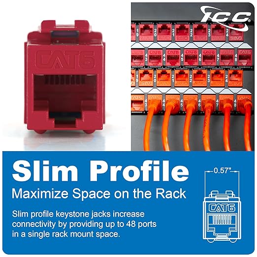 ICC CAT6 Keystone Jack with Slim Profile 180 Degree Punch Down, RJ45 UL Listed PoE++ TAA Compliant for Wall Plate or Patch Panel, Works with JackEasy Termination Tool, White