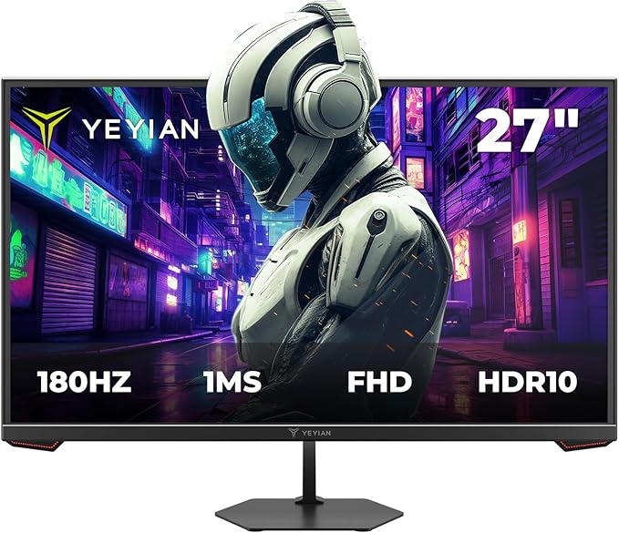 YEYIAN 27 inch Gaming Monitor 1080P FHD 180Hz 1ms, 16:9 Flat IPS Ultra-Slim Panel, 97% sRGB 1000:1 Contrast Ratio 178° View Angle, HDR 10, HDMI 2.0, Freesync & G-Sync Support, Tilt Adjust
