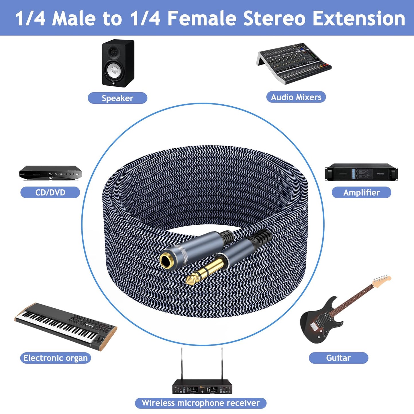 1/4" Male to Female Stereo Headphone Extension Cable - 30ft Quarter Inch Guitar Cable