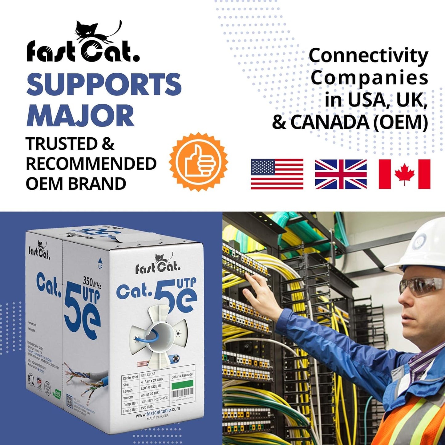 fast Cat. Cat5e Ethernet Cable 1000ft - 24 AWG, CMR, Insulated Bare Copper Wire Cat 5 ethernet Cable with FastReel - 350MHZ / Gigabit Speed UTP Cable Cat5e - CMR (Blue)