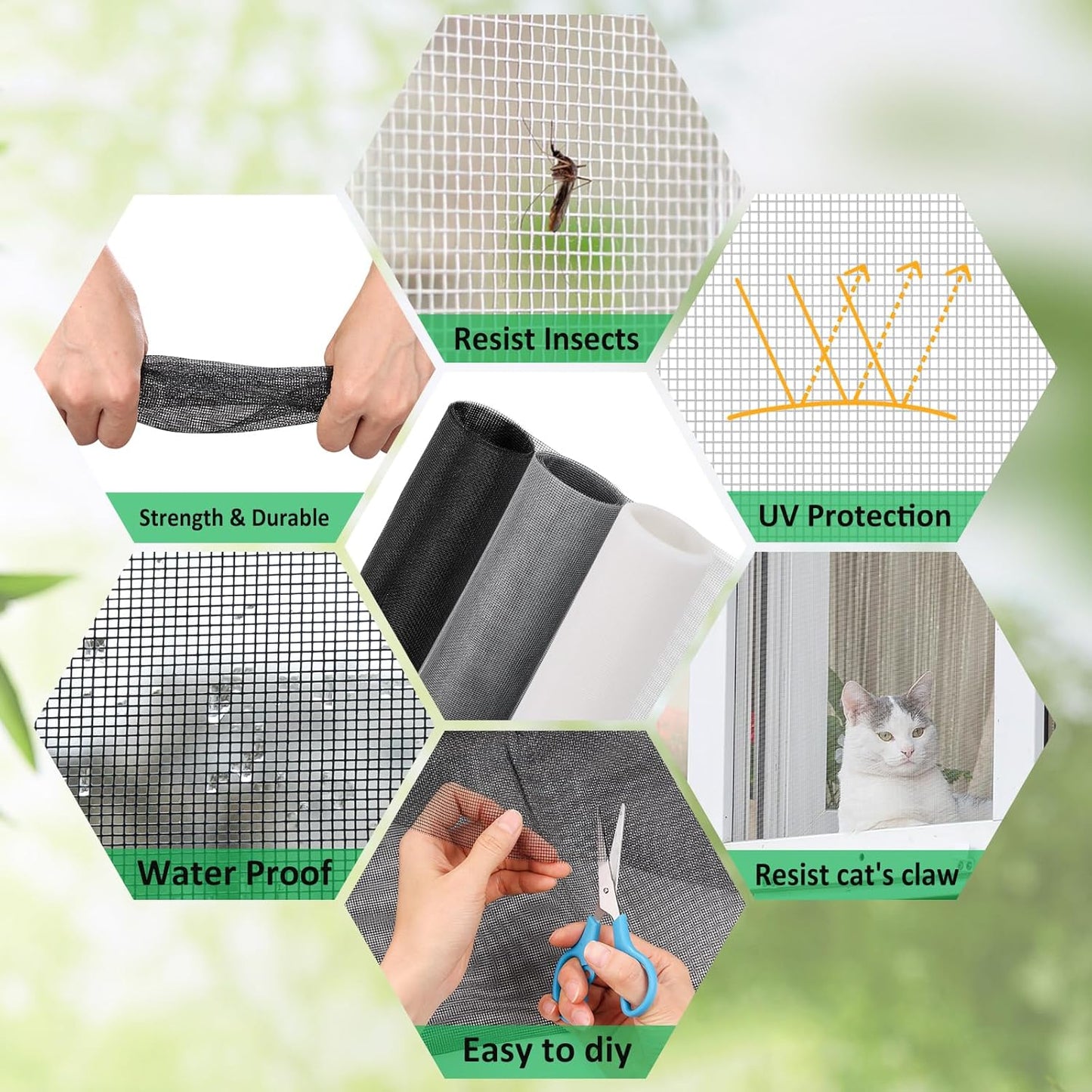 Windows Screen Replacement and Screen Door Repair Kit, 6Pcs Window Screen Fiberglass Mesh Kit - Window Screen & Screen Door Mesh & Screen Porch Repair Kit (White, 48" x 118")