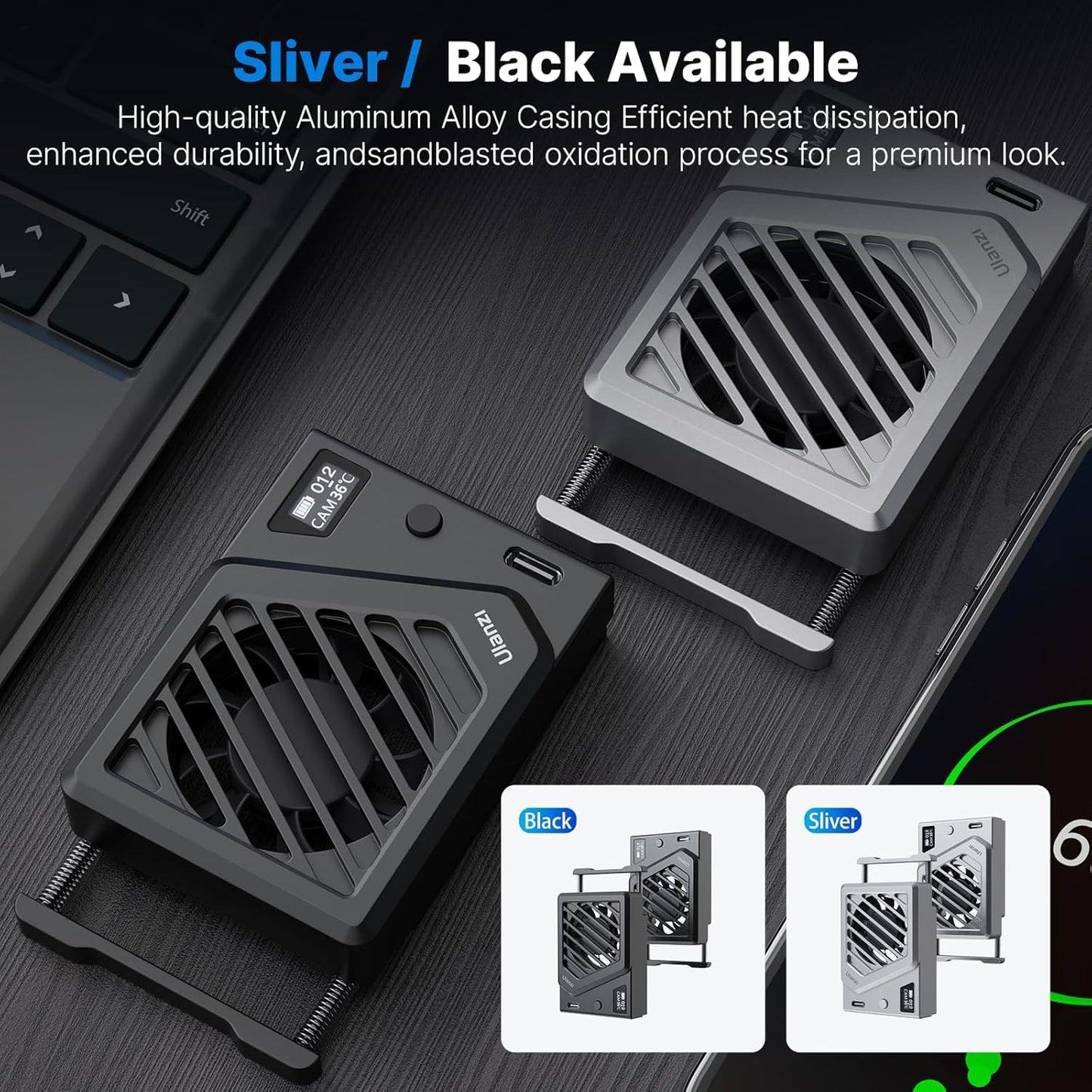 ULANZI Camera Cooling Fan Black New, Spring Telescopic Mounting Adjustable Mini Intelligent Cooling Fan Real-time Monitoring with Type-C Charging Port, Compatible with Sony Canon FUJIFILM Nikon