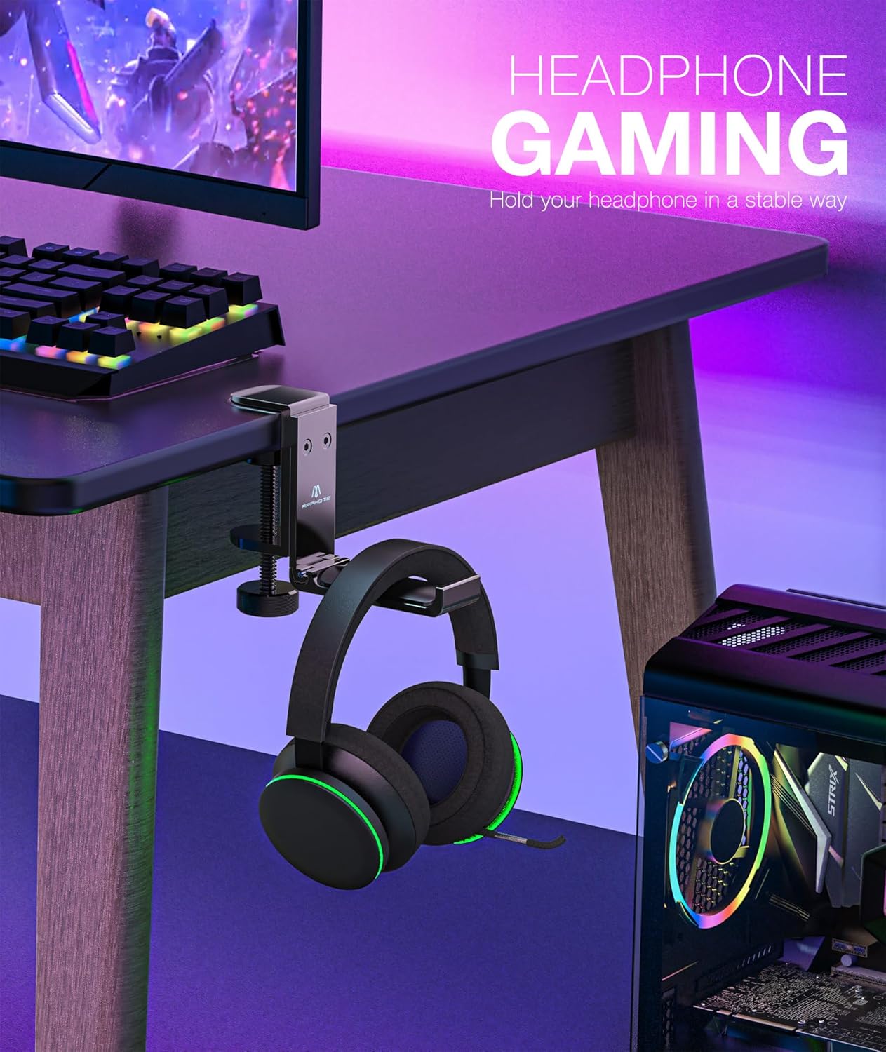 New Foldable Headphone Stand Hanger Holder Aluminum Headset Soundbar Stand Clamp Hook Under Desk Space Save Mount, Universal Fit Gaming Headphones, Black