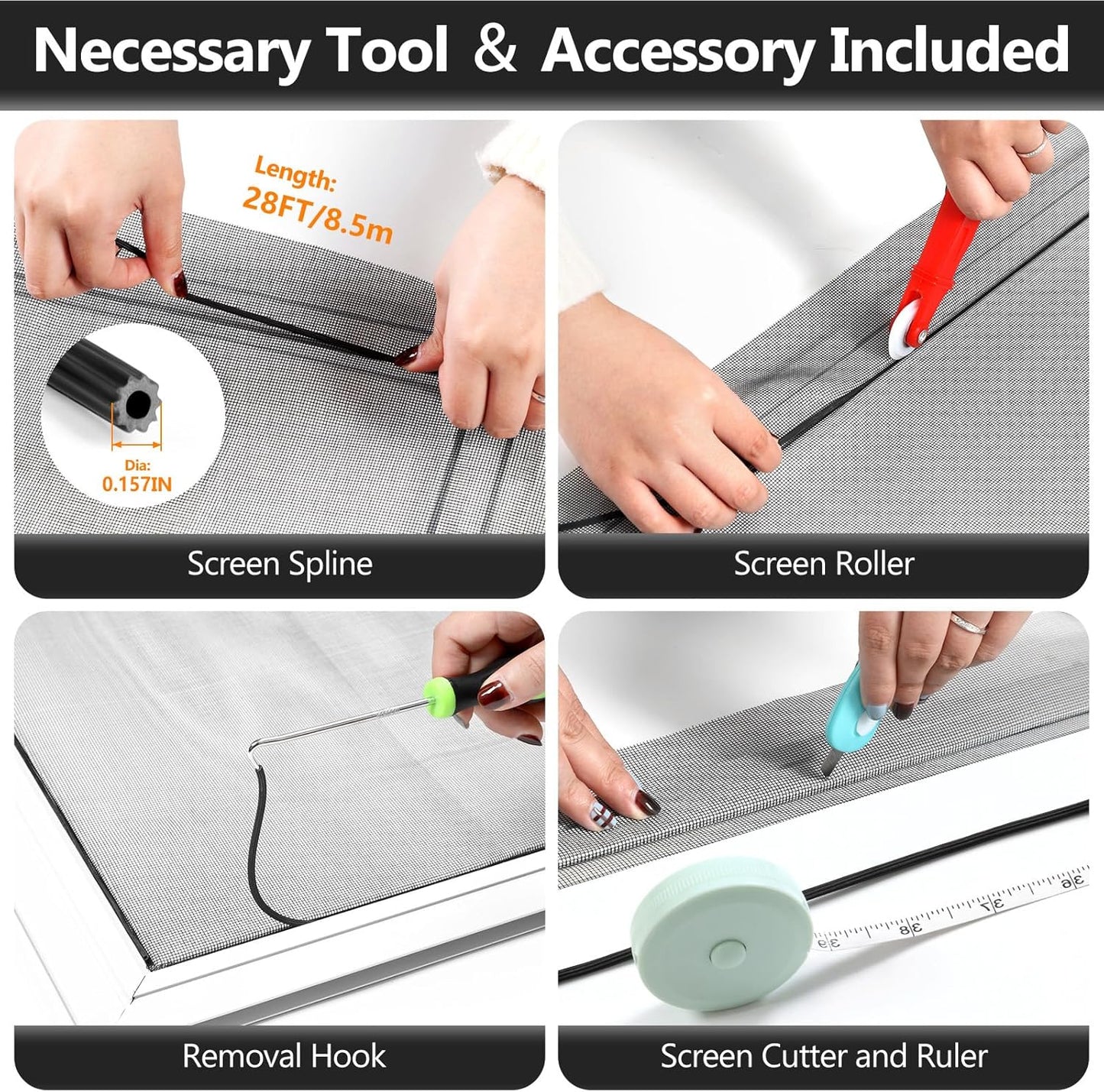 Window Screens Replacement Repair Kit, Black Screen Door Mesh Replacement Kit, Durable Fiberglass Mesh Roll with Tools for Windows Doors Patio and Porch, 39in x 118in