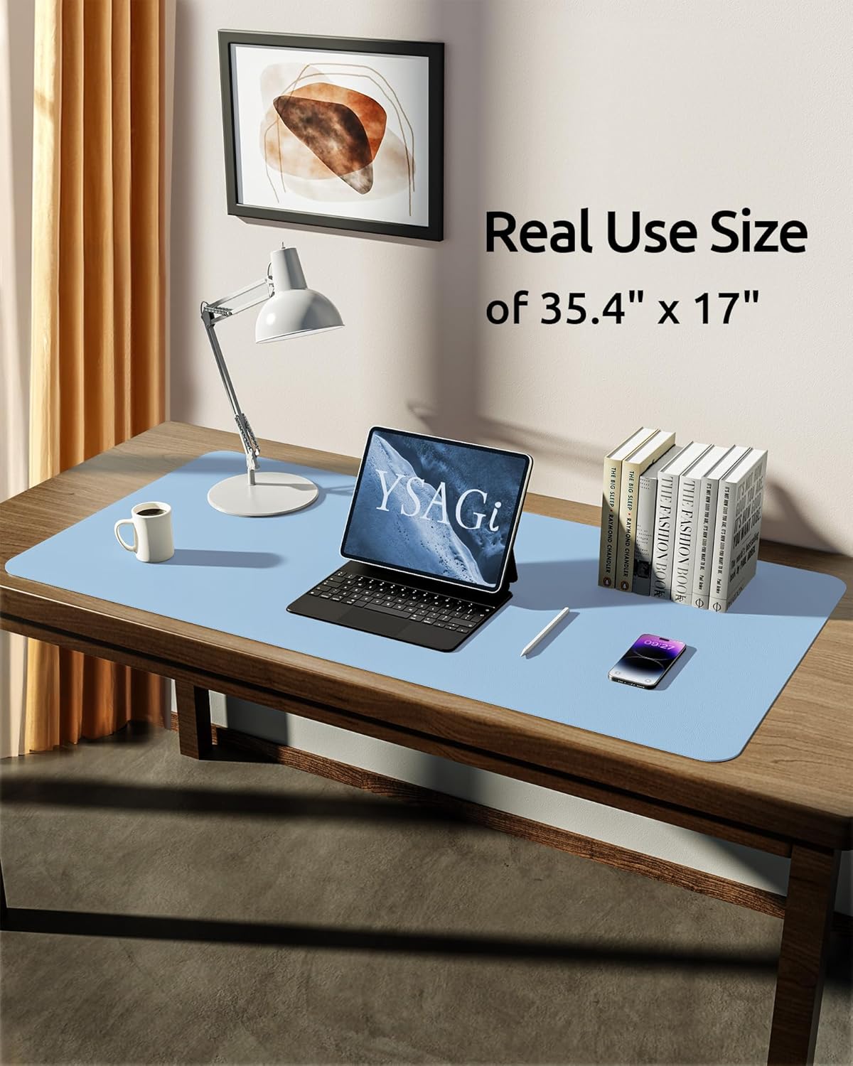 YSAGi Leather Desk Protector, Office Mat, Large Mouse Mat, Non-Slip PU Leather Blotter, Laptop Pad, Waterproof Writing Pad for Office and Home (Baby Blue, 35.4" x 17")