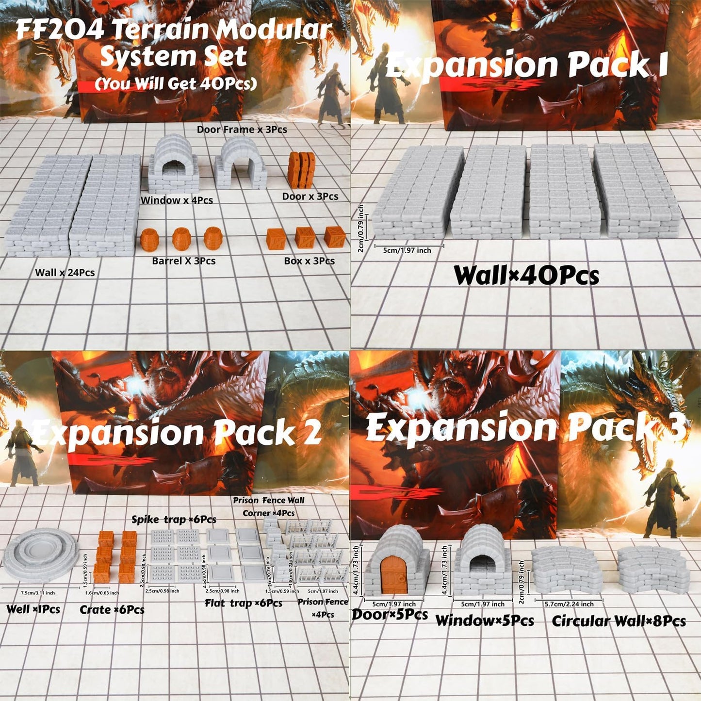 Dungeon Walls 40pcs 28mm Miniature RPG Modular System DND Terrain Building Accessories for Tabletop Role Playing Scenes, Gift of Christmas Halloween for DM