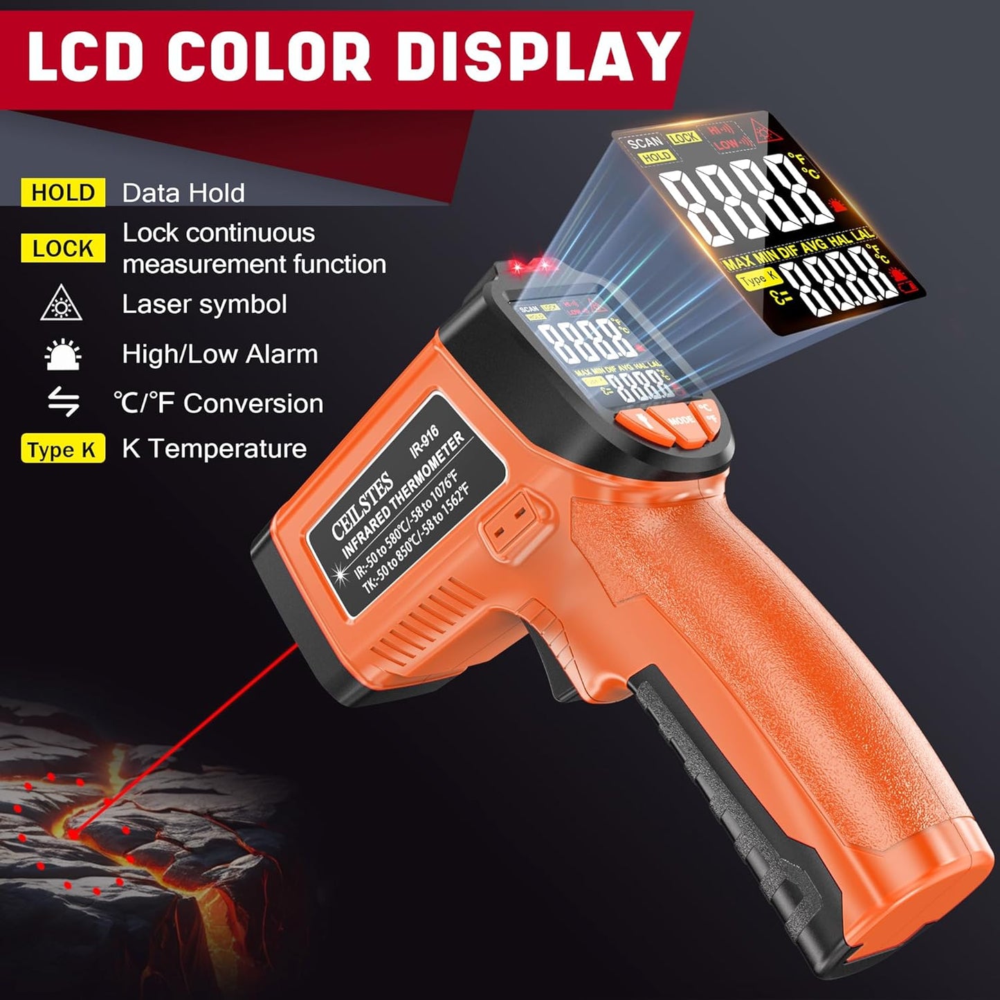 Infrared Thermometer Gun, Non-Contact Digital Laser Temperature Gun, -58°F to 1076°F, Adjustable Emissivity and Max/Min Values for Industrial, Cooking, Griddle,Engine, HVAC (Not for Human)