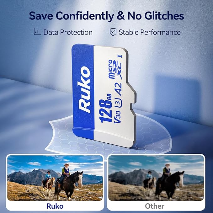 Ruko 128G Micro SD Card with Reader & Adapter, Memory Card Speed Up to 100MB/s, UHS-I, C10, A2, U3/V30, 4K UHD, Long-Lasting TF Card for Camera, Smartphone, Drone, Gaming Console