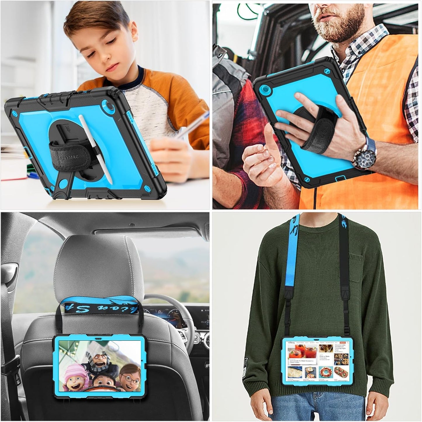 SEYMAC stock Case for Samsung Galaxy Tab A9+ Plus 11'', Full-Body Drop Protection Case with Screen Protector Pencil Holder [360° Rotating Hand Strap] &Stand, SkyBlue+Black