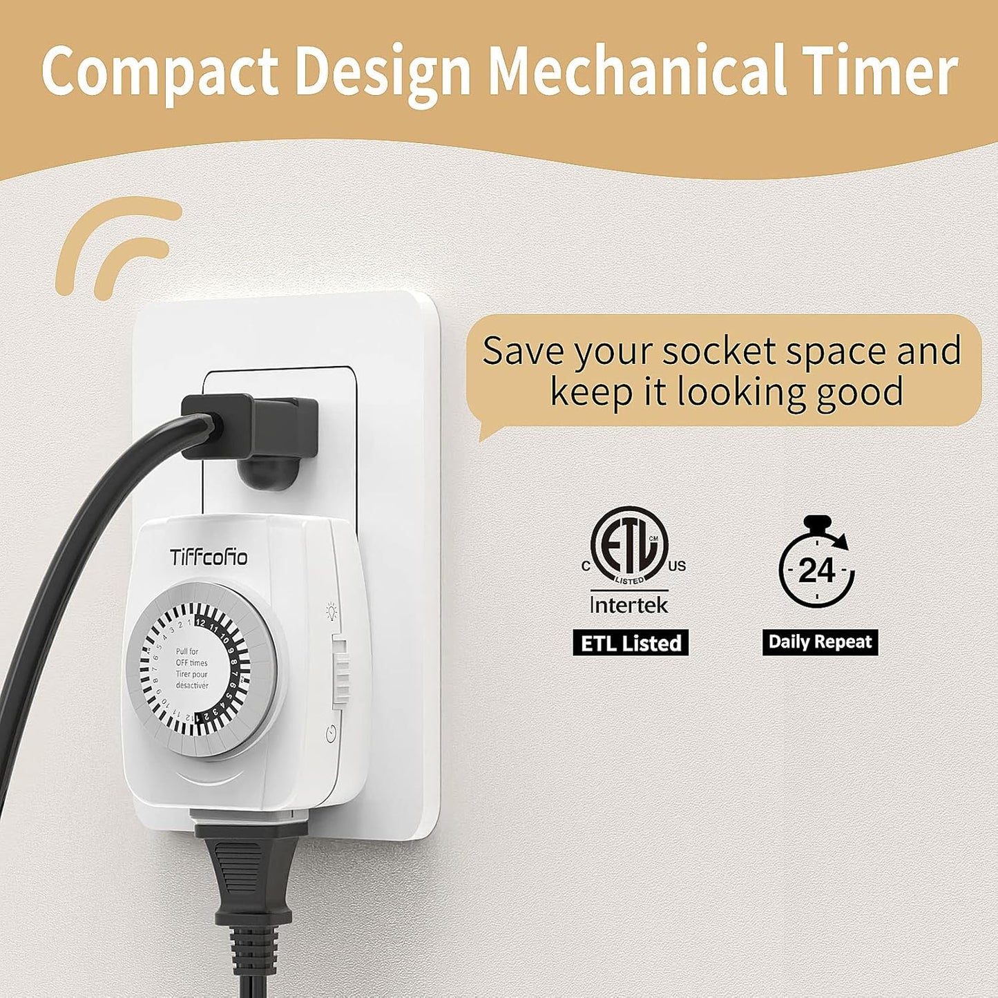 TiFFCOFiO Indoor Mechanical Timers for Electrical Outlets, 2 Prong Plug in Outlet Daily Repeating Light Timer for Indoor Lights, ETL Listed (1 Pack)