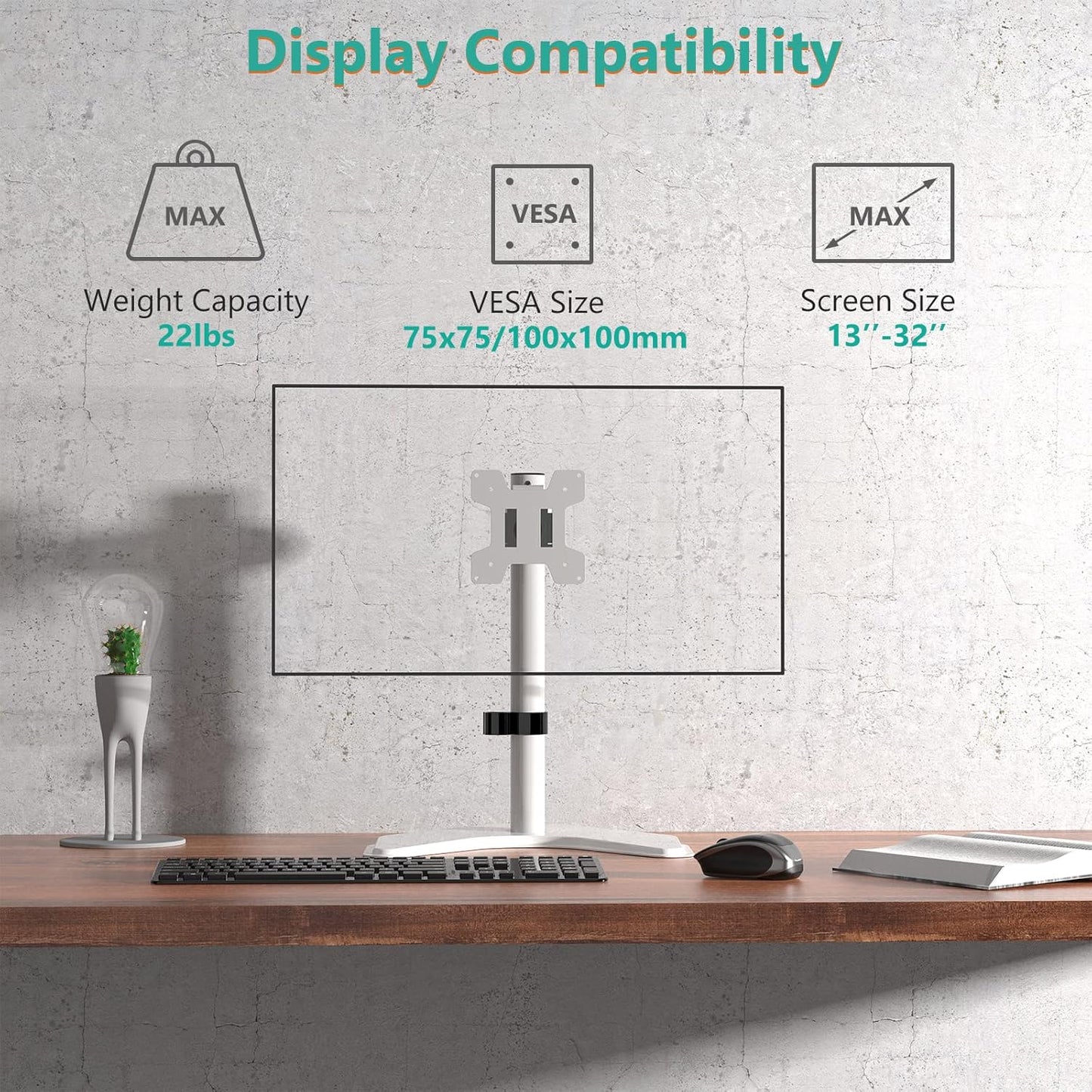 WALI Single Monitor Stand, Free Standing Desk Stand with Mounting Holes 75 to 100, Fully Adjustable Mount Fits One Screen up to 32 inch (MF001-W), White