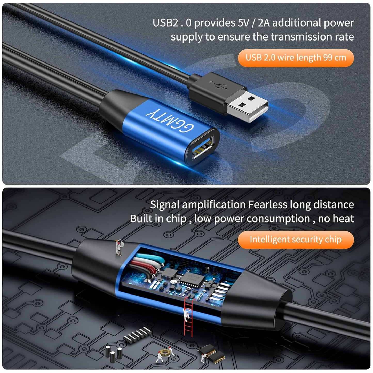 USB 2.0 Type A Male to A Female Active Repeater Extension Cable 75ft, High Speed 480 Mbps