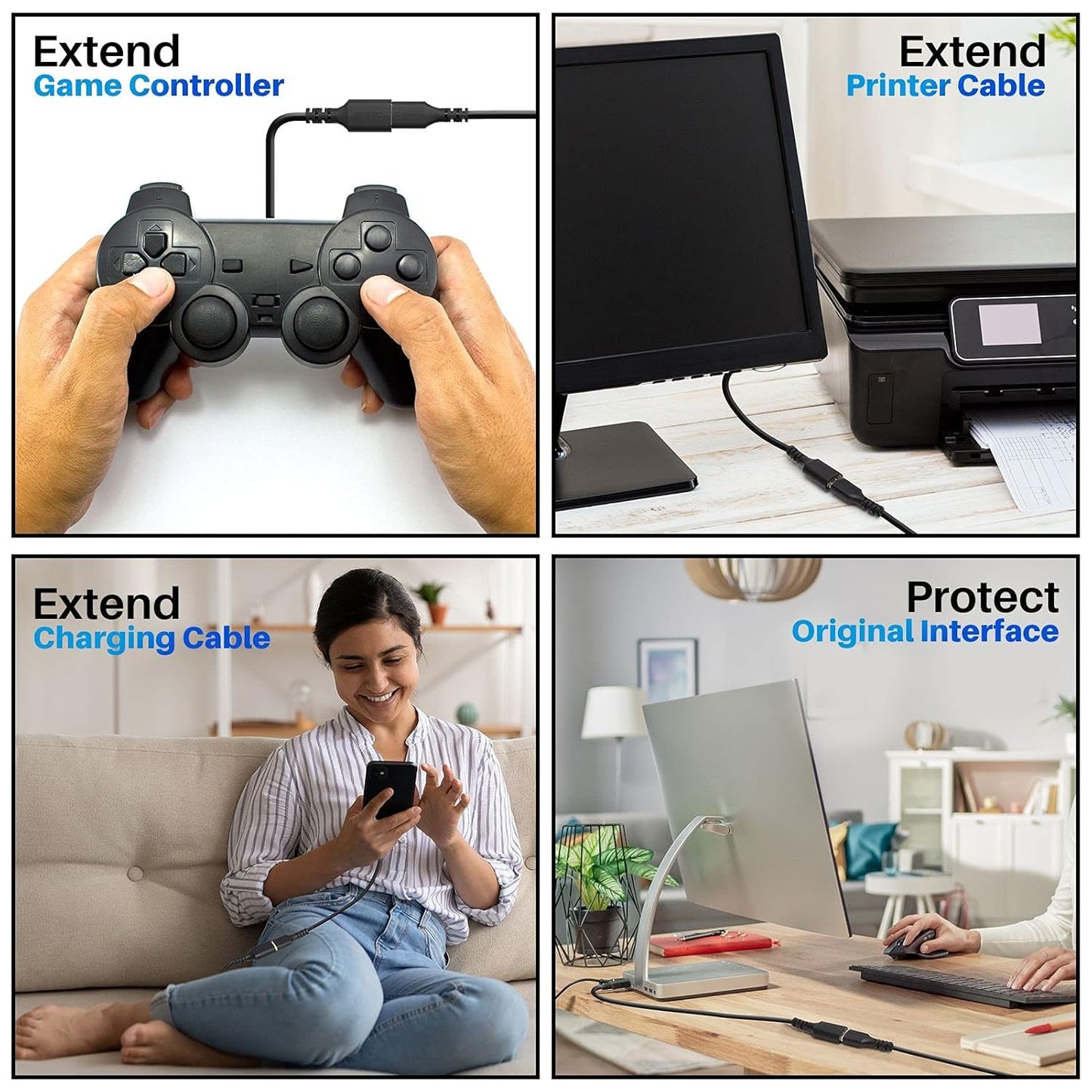 3 Pack USB 3.0 Extension Cable 15 Feet, USB A Male to Female Extender Cord, 5Gbps Data Transfer for Webcam, Printer, Keyboard, Mouse, Flash Drive, Hard Drive, Controller, Black Cable with 5 Cable Ties