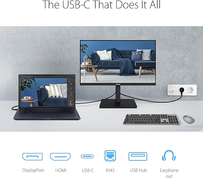 ASUS 23.8” 1080P Docking Monitor (VA24ECPSN) - Full HD, IPS, 75Hz, Adaptive-Sync, Speakers, Eye Care, Low Blue Light, Flicker Free, USB-C, RJ45, HDMI, Frameless, Height Adjustment, VESA Wall Mountable