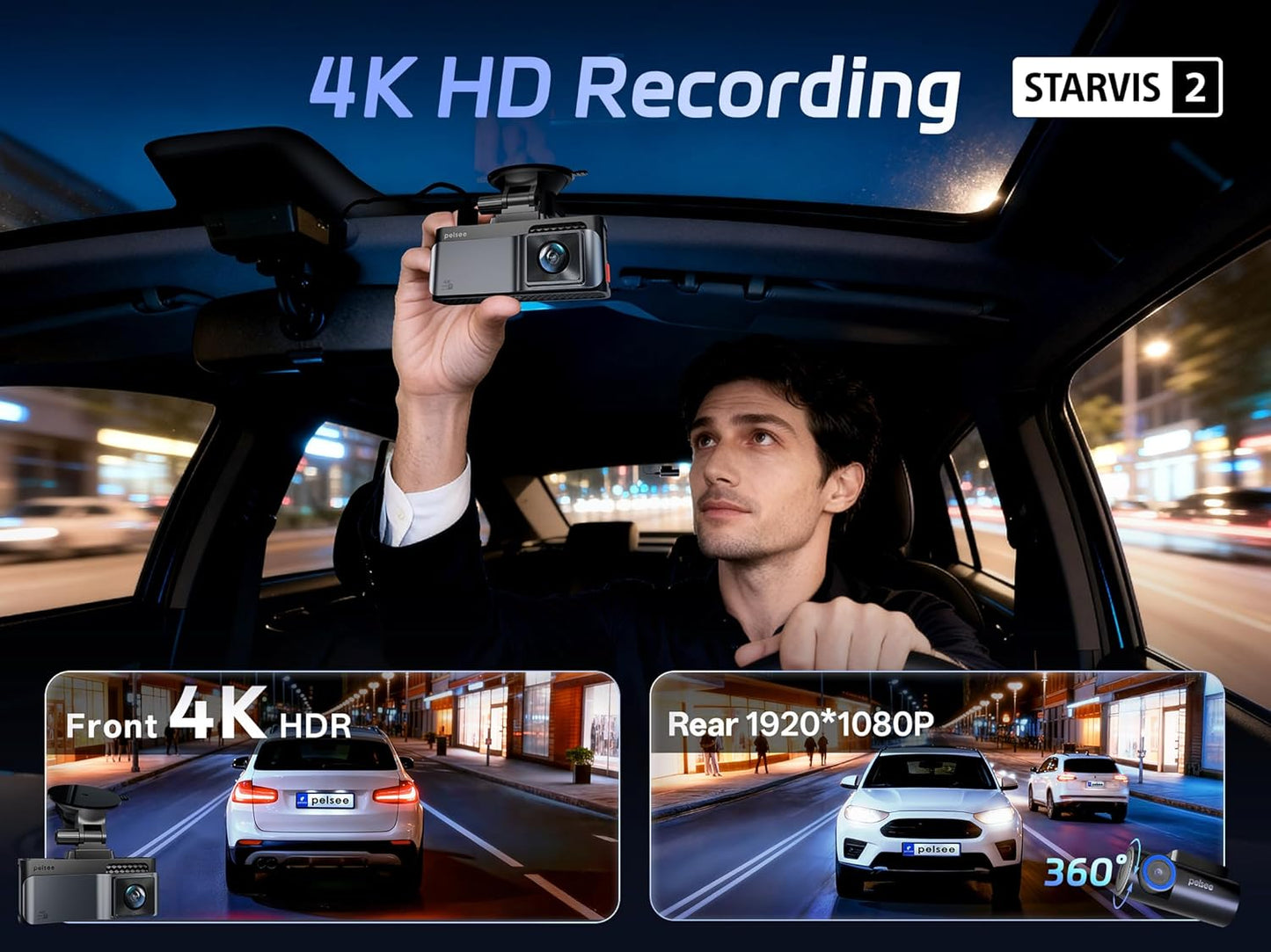 Pelsee 4K Dash Cam Front and Rear, STARVIS 2 Sensor, Dash Camera for Cars with Full-Color Night Vision, 128GB Card, 48H Parking Mode, Voice Control & WiFi, 3.39"Car Dash Camera, HDR ADAS GPS S3 Touch