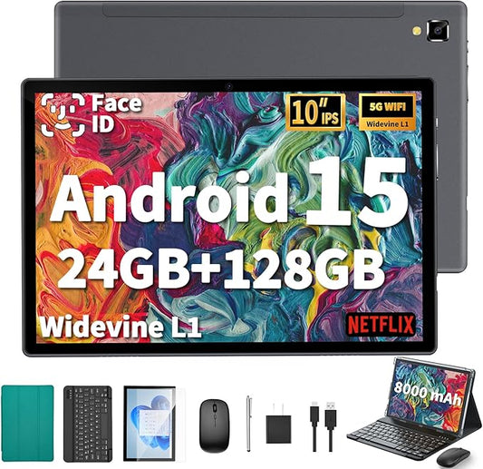 YOBANSE 2025 Tablet with Keyboard, 24GB RAM, 128GB ROM(2TB Expand), 10.1 inch Android 15 Tablet, 8000mAh Battery, BT 5.0, GMS Certified, 5G/2.4G WiFi, Tablets with Mouse, Case, Stylus-Green Case