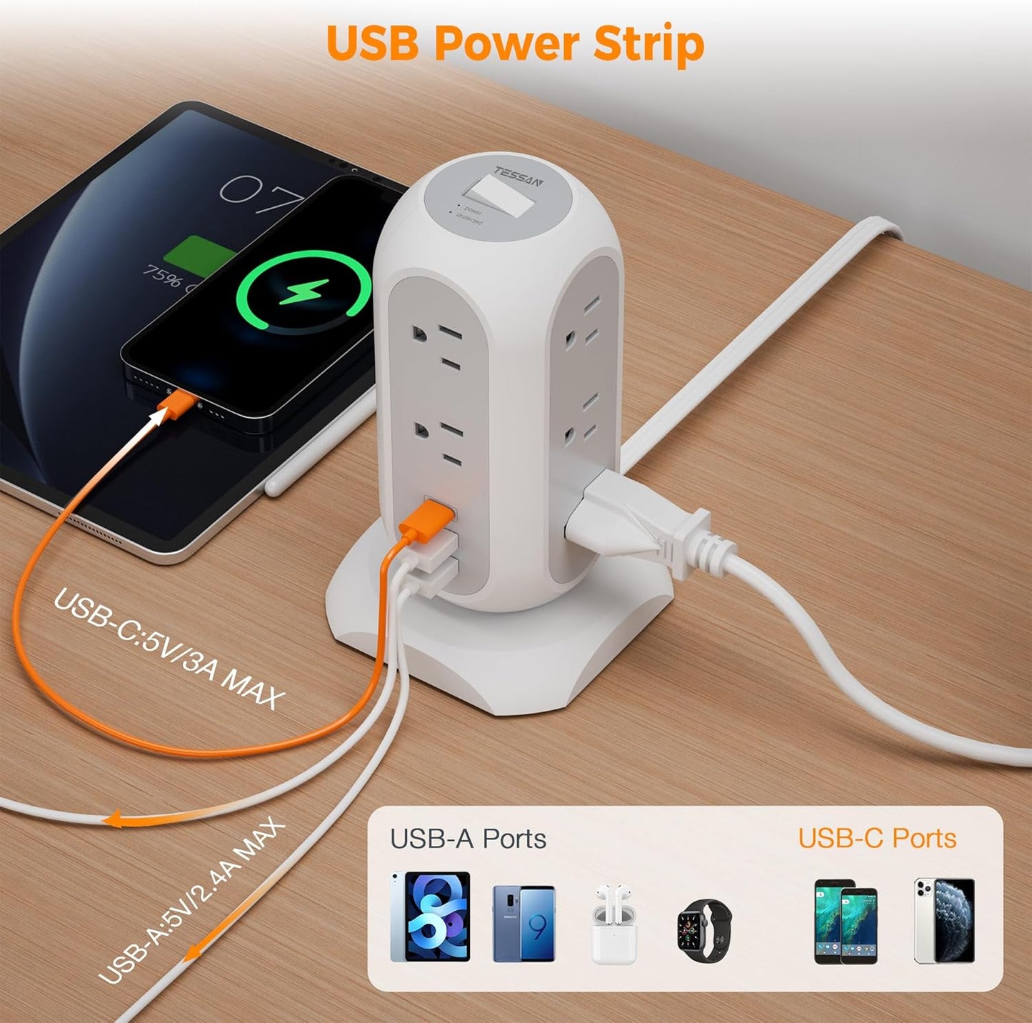 Surge Protector Power Strip Tower 10 Ft, TESSAN Flat Plug Extension Cord with 11 AC Multiple Outlets 3 USB Ports (1 USB C), 1050J Desk Charging Station for Home, Office Supplies, Dorm Room Essentials