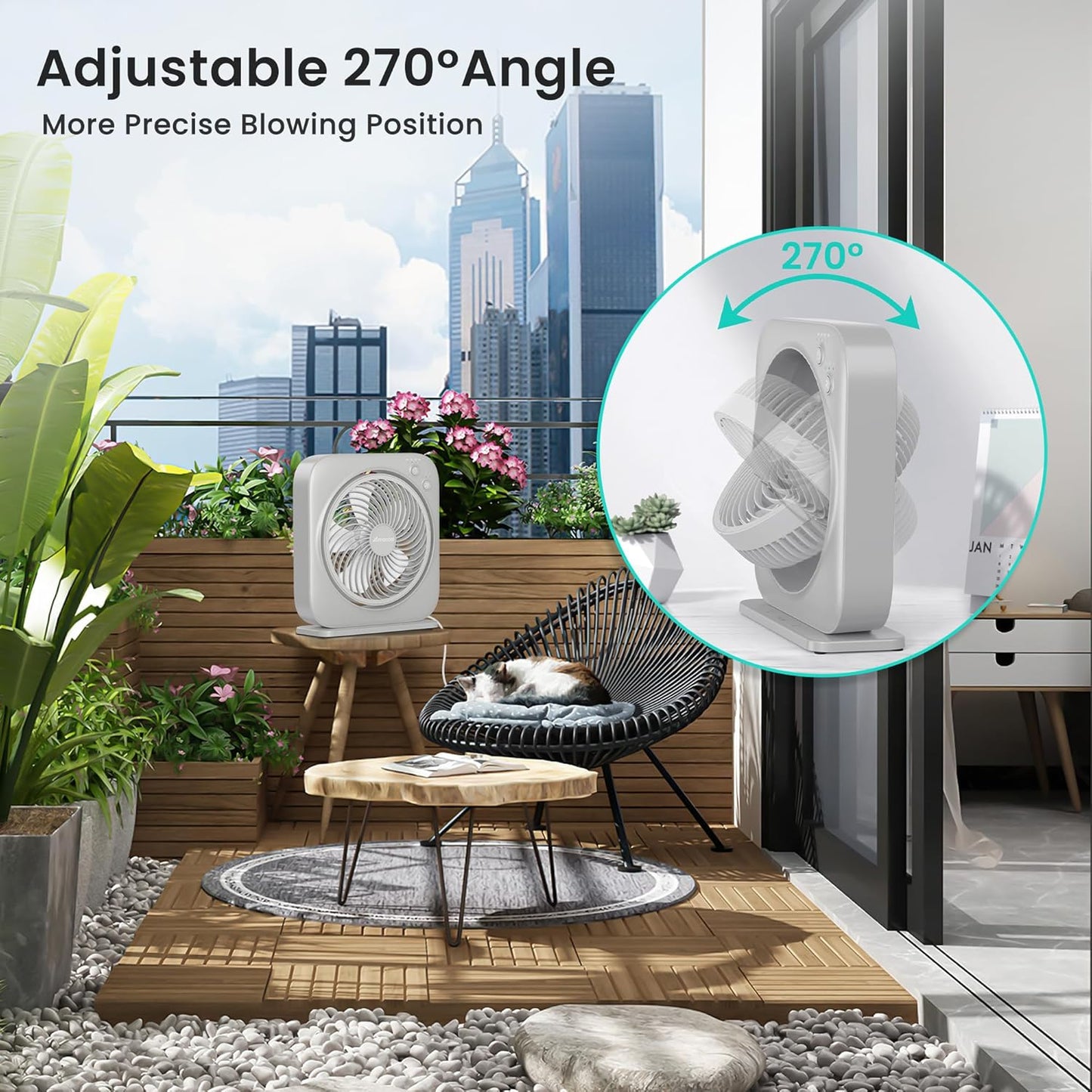 AMACOOL Table Fan, 12 inch Box Fan with 3 Adjustable Speeds & 8HRS Timer, Adjustable Angle Quiet Air Circulator, Desktop Fan for Bedroom Bathroom Kitchen Office, AC Adapter Included (Grey)