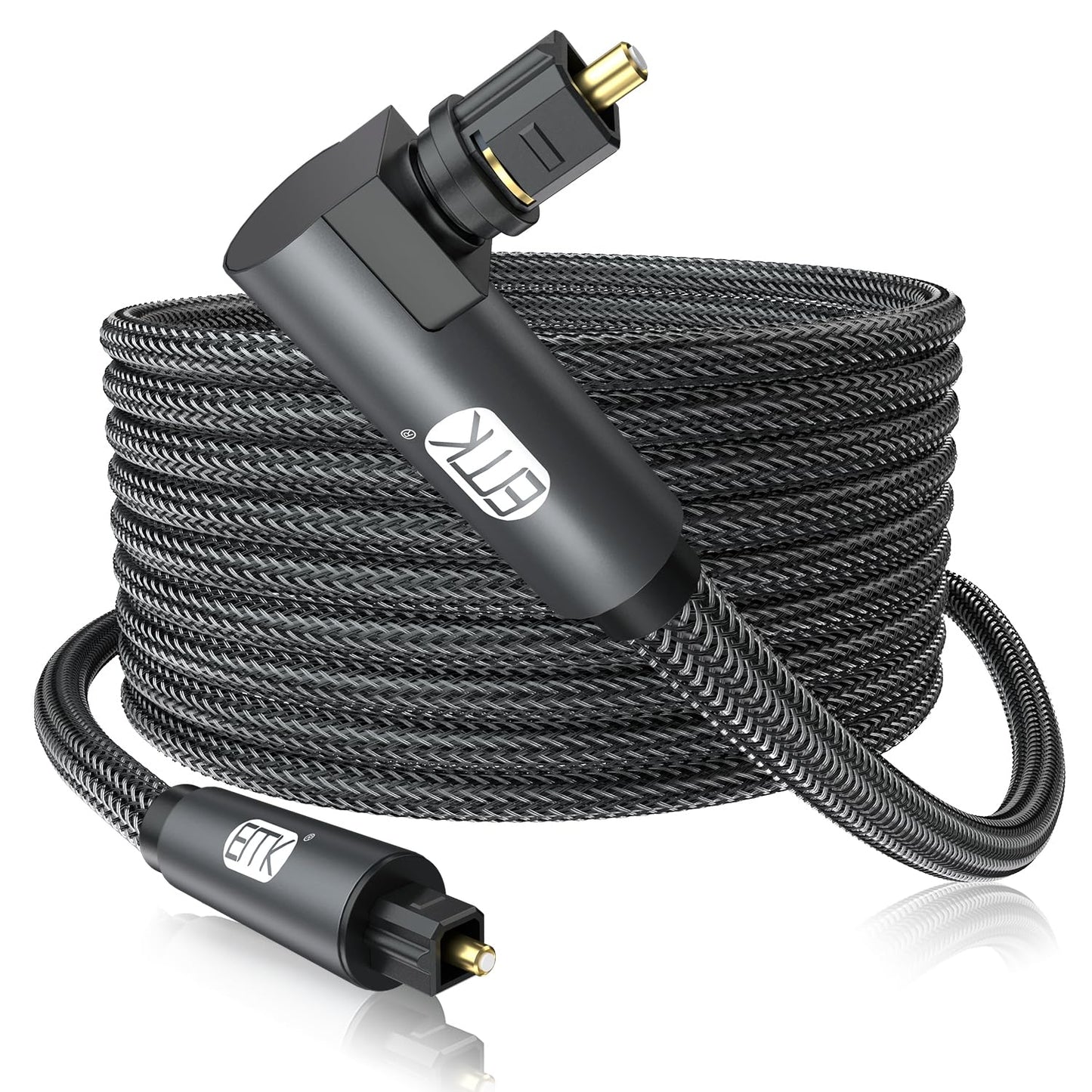 EMK 90 Degree Toslink Optical Cable 360 Degree Free-Rotating Plug Fiber Optic Cable S/PDIF Toslink Male to Male for Home Theater, Sound Bar, TV, PS4, Xbox,Grey (30ft/10m)