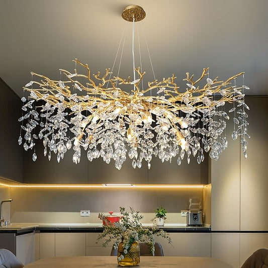 YUYI Modern Crystal Chandelier, 47" Gold Tree Branch Chandelier, 18-Light Round Raindrop Chandeliers for Dining Room, Living Room, Foyer, Entryway, Kitchen, Bedroom, Luxury K9 Crystal Light Fixture